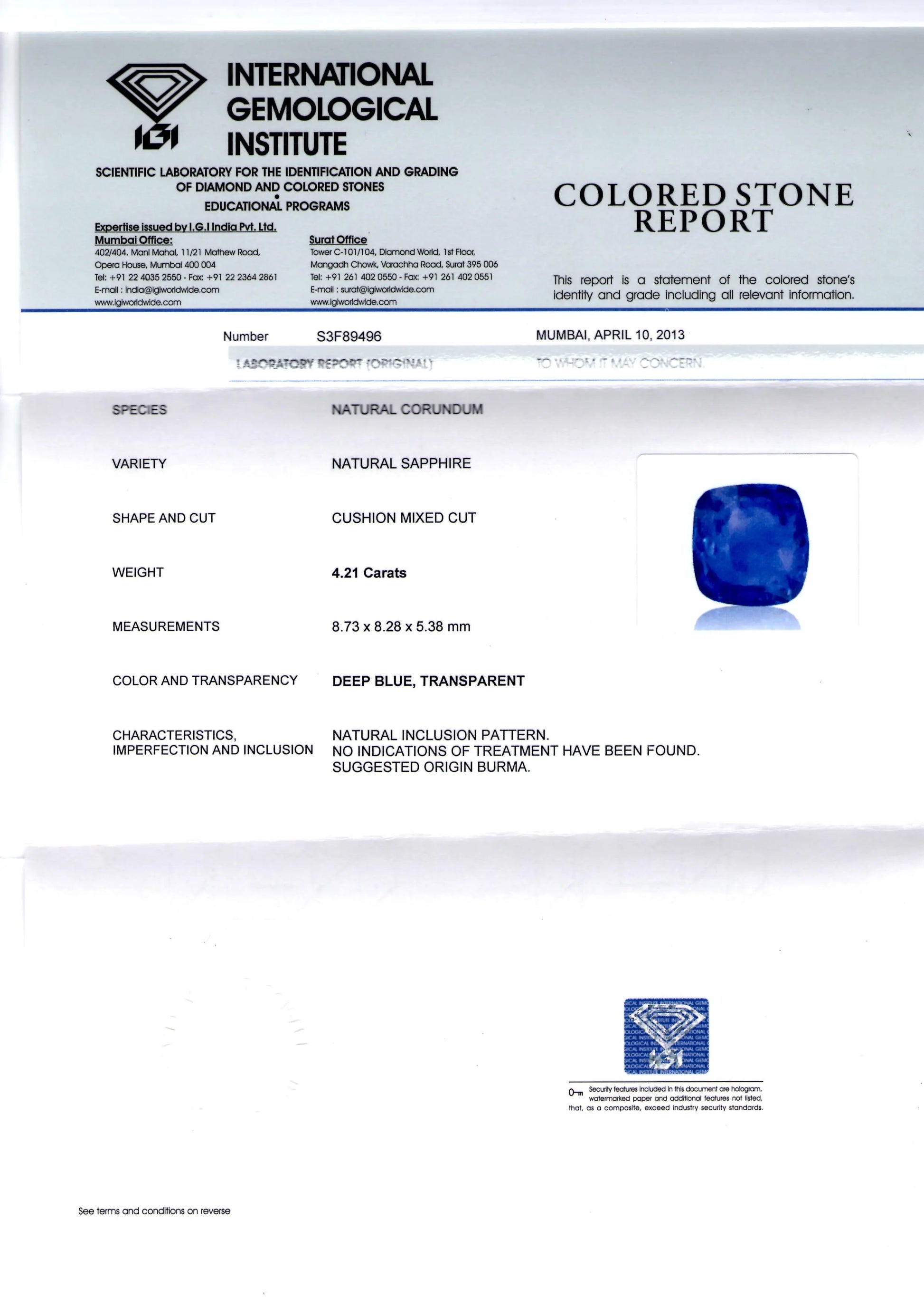 4.21 Ct Unheated Untreated Natural Burma"MOGOK" Blue Sapphire AA