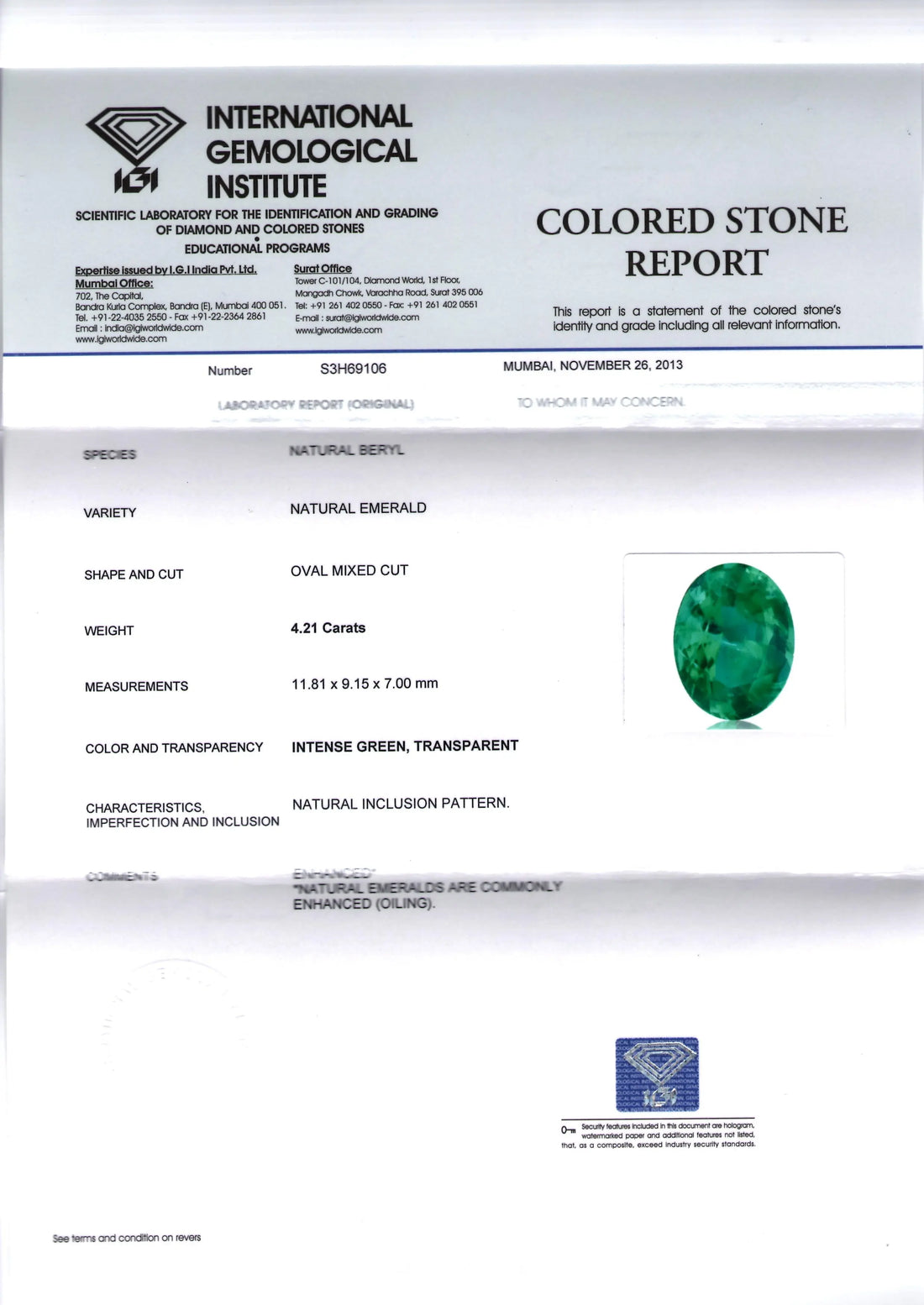 4.21 Ct Unheated Untreated Intense Green Natural Zambian Emerald AAAAA