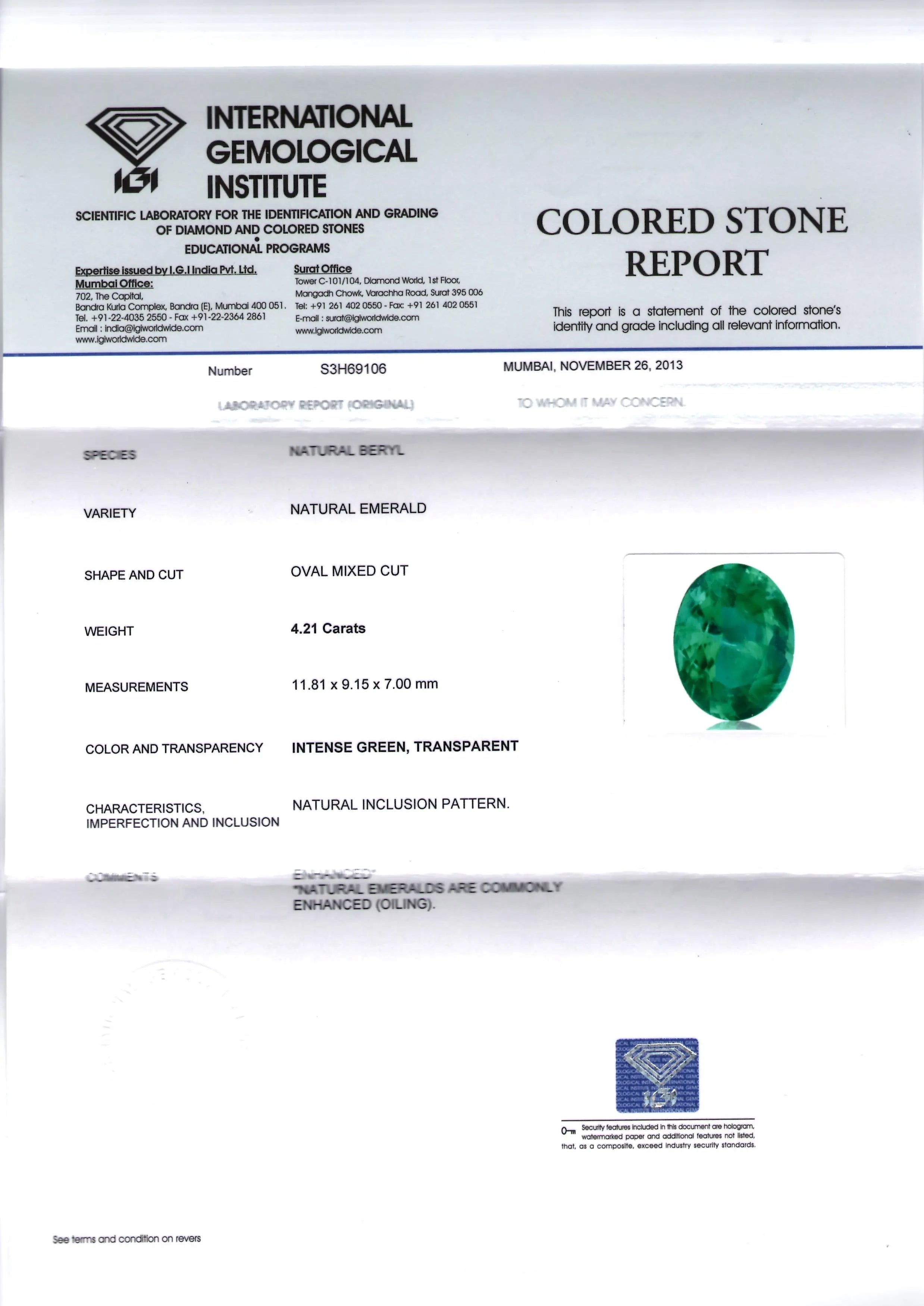 4.21 Ct Unheated Untreated Intense Green Natural Zambian Emerald AAAAA