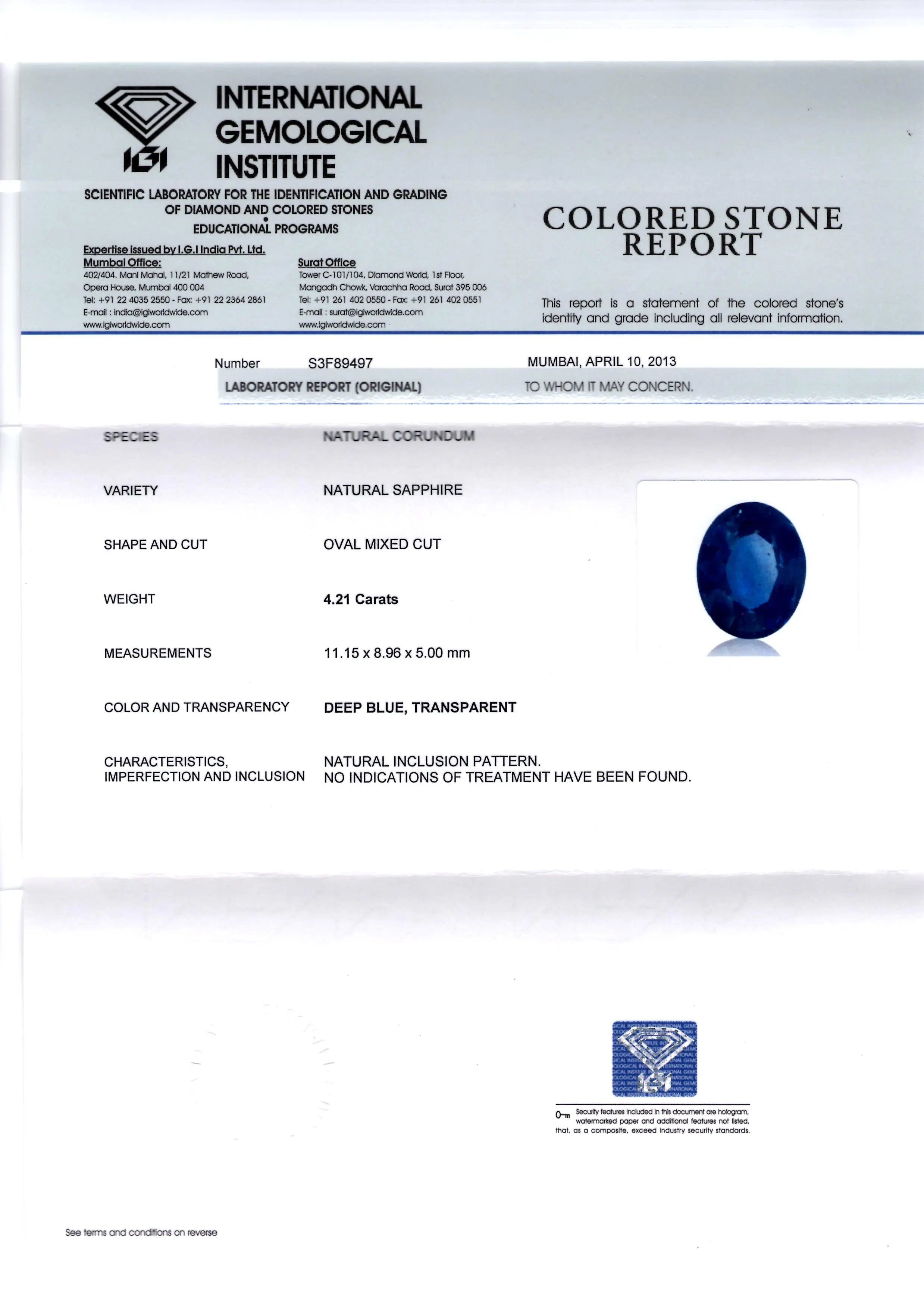 4.21 Ct IGI Certified Unheated Natural Deep Royal Blue Sapphire