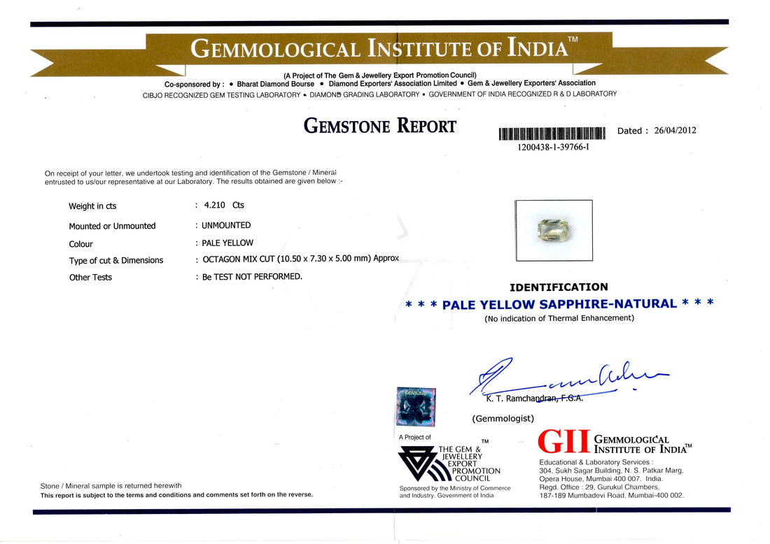 4.21 Ct GII Certi Unheat Untreat Natural Ceylon Yellow Sapphire