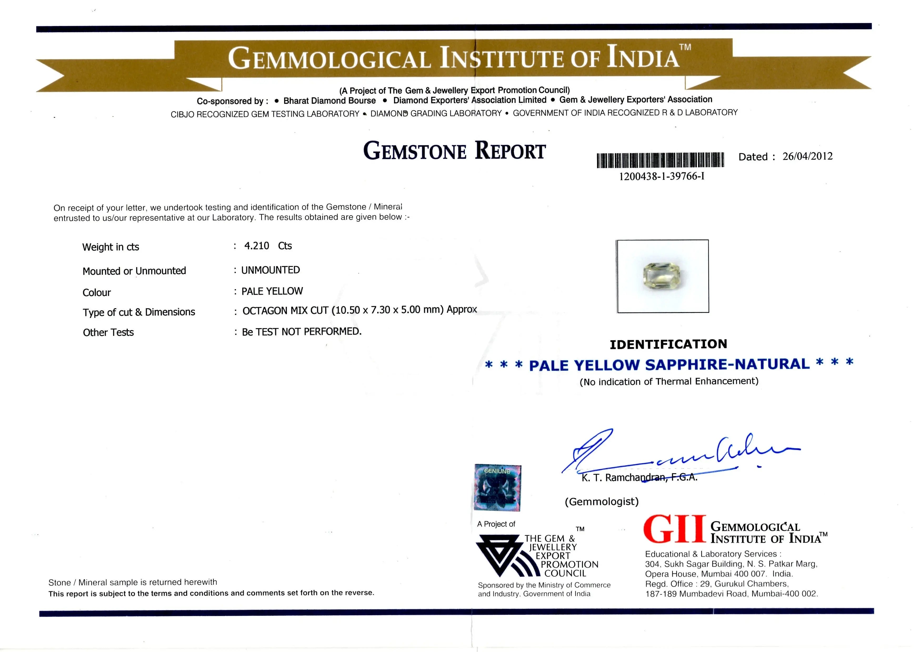 4.21 Ct GII Certi Unheat Untreat Natural Ceylon Yellow Sapphire