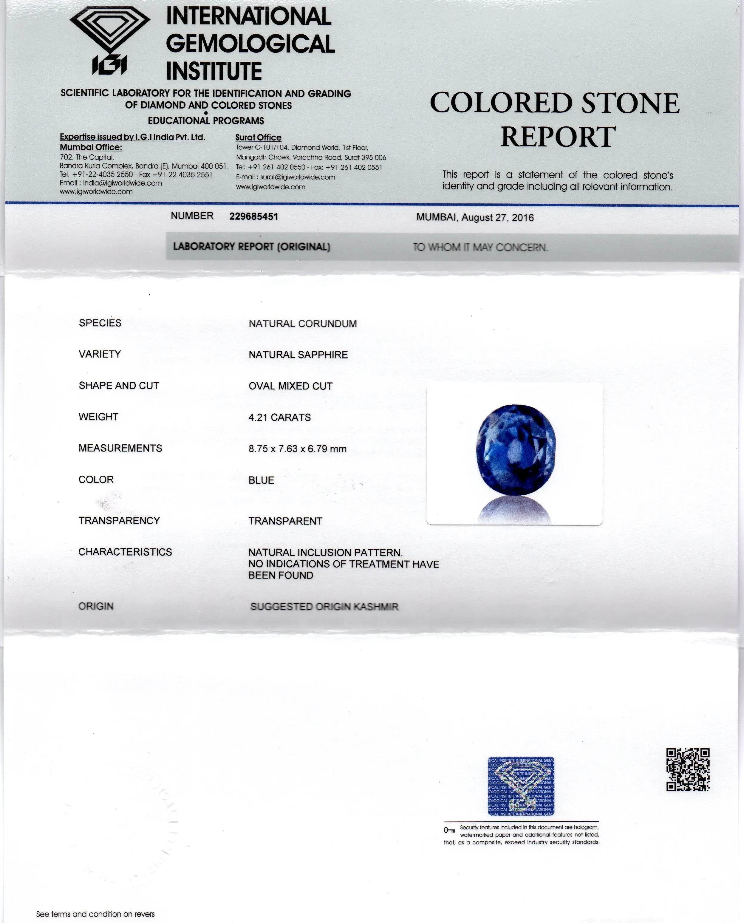 4.21 Ct Unheated Untreated Natural IGI Certified Kashmir Blue Sapphire - Venus Gems