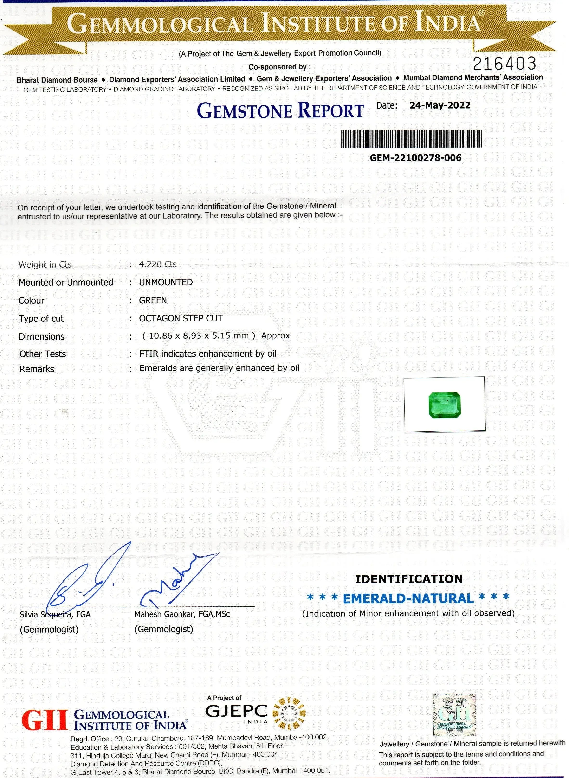 4.22 Ct GII Certified Untreated Natural Zambian Emerald Gemstone AAAAA - Venus Gems