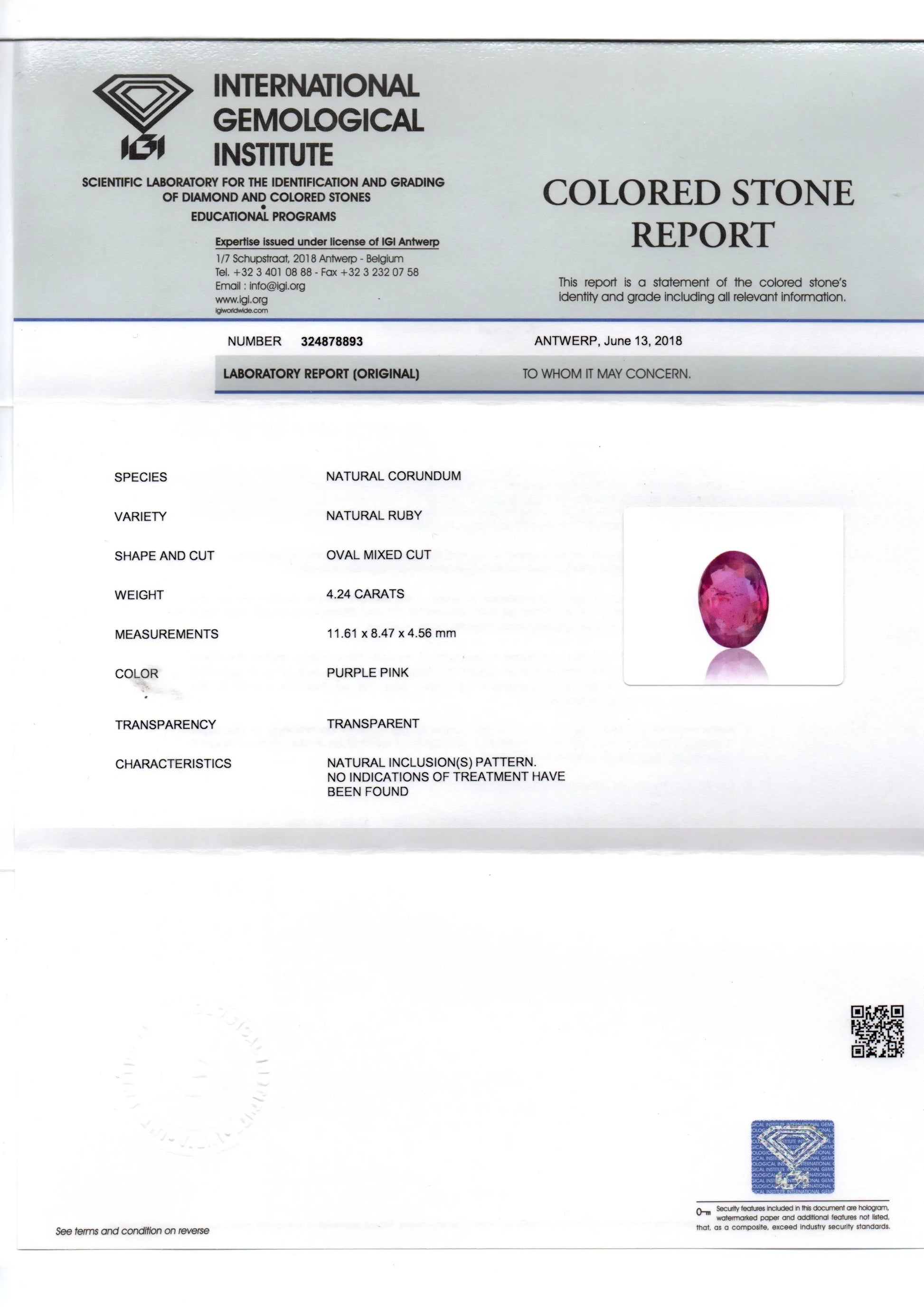 4.24 Ct IGI Certified Unheated Untreated Natural Madagaskar Ruby - Venus Gems