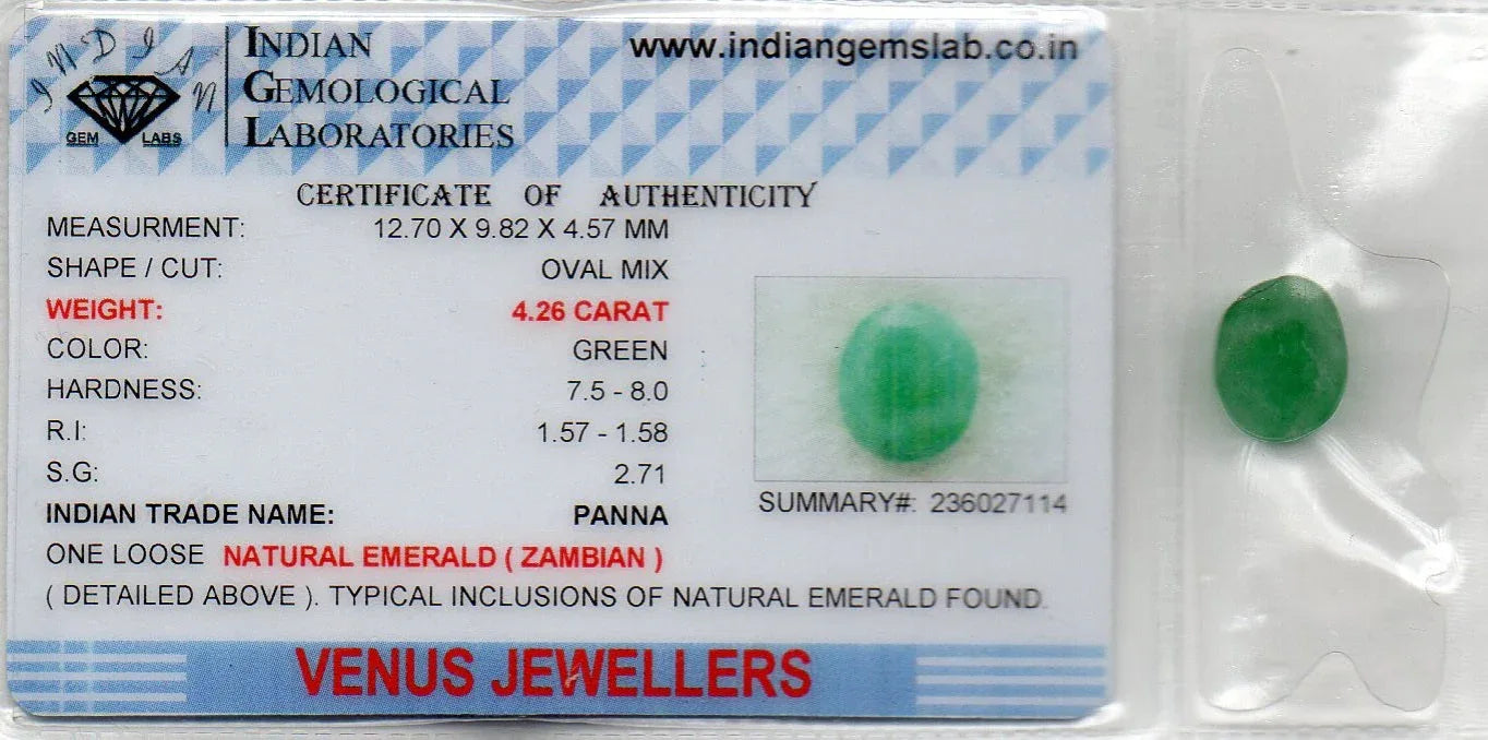 4.26 Ct Certified Untreated Natural Zambian Emerald Panna Gemstone - Venus Gems