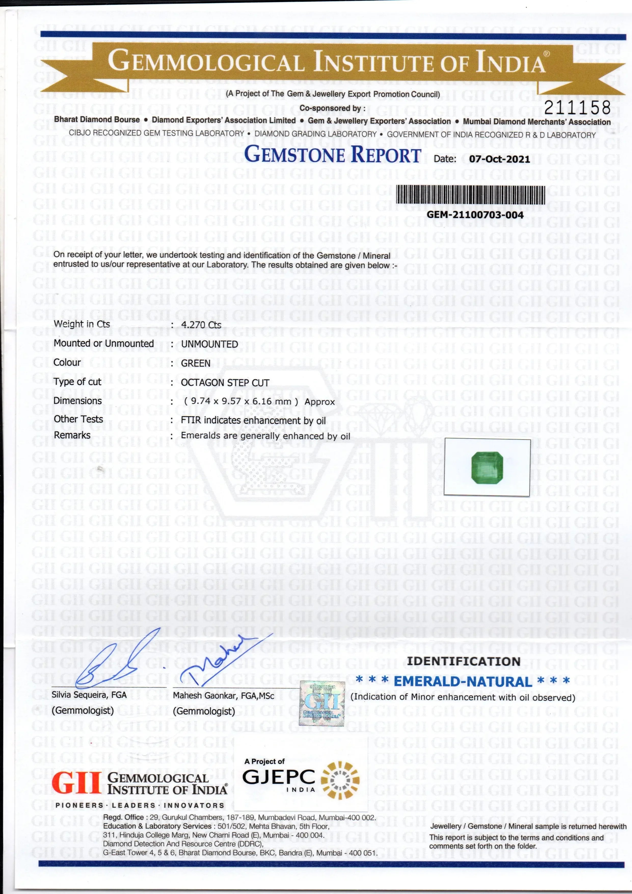 4.27 Ct GII Certified Untreated Natural Zambian Emerald Gemstones - Venus Gems