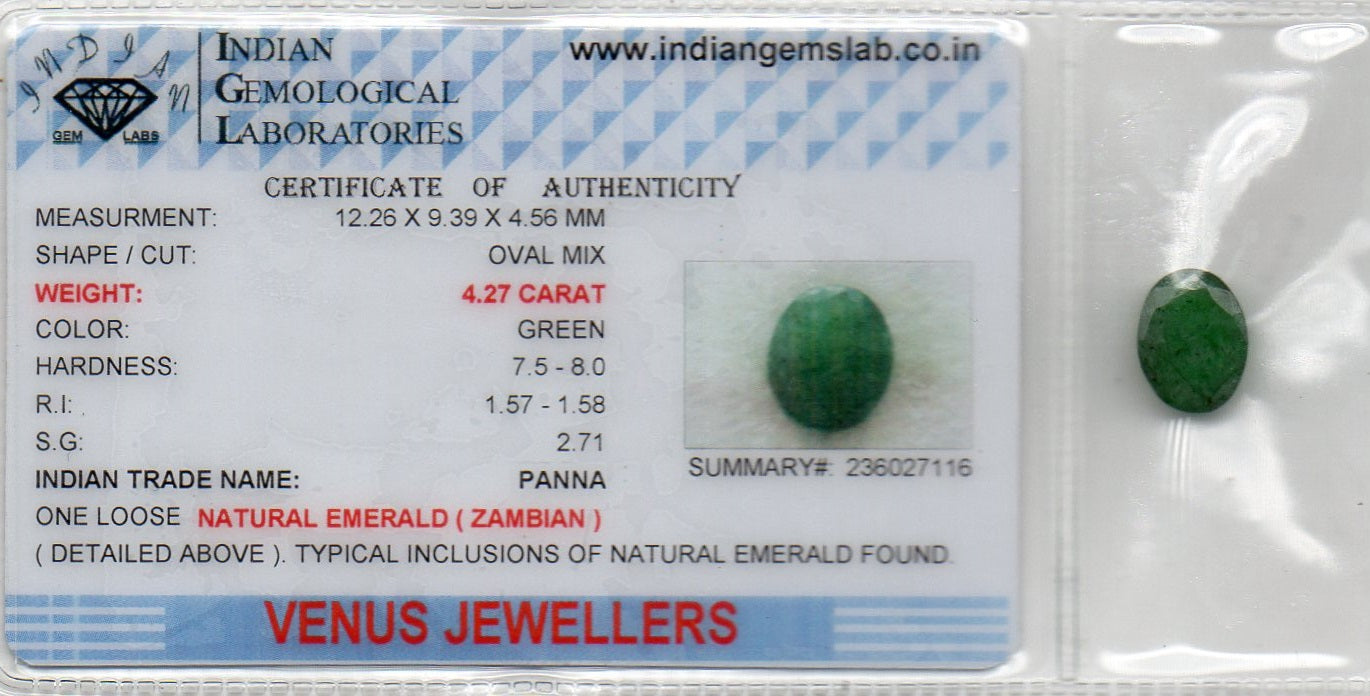 4.27 Ct Certified Untreated Natural Zambian Emerald Panna Gemstone