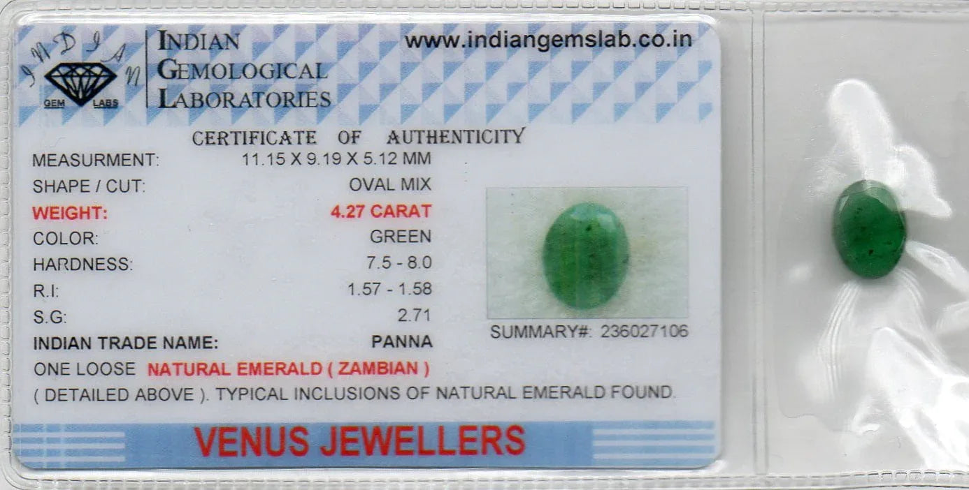 4.27 Ct Certified Untreated Natural Zambian Emerald Panna Gemstone - Venus Gems