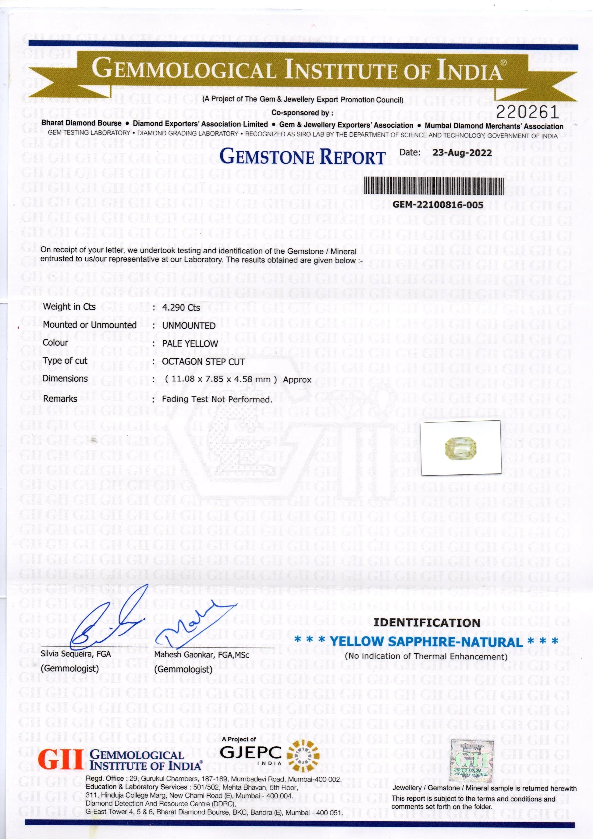 4.29 Ct GII Certified Unheated Untreated Natural Ceylon Yellow Sapphire