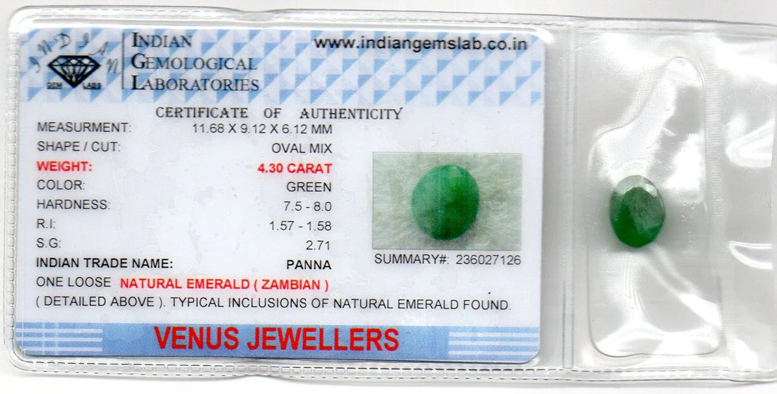 4.30 Ct Certified Untreated Natural Zambian Emerald Panna Gemstone - Venus Gems