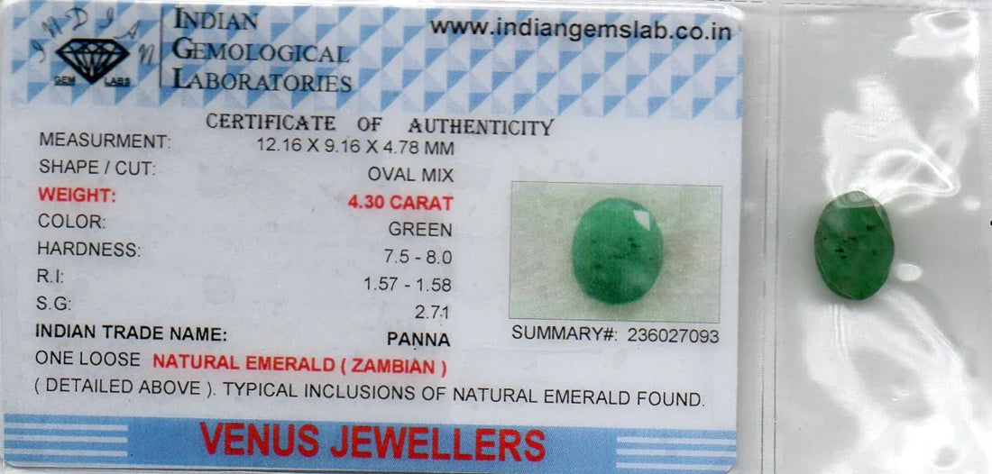 4.30 Ct Certified Untreated Natural Zambian Emerald Panna Gemstone - Venus Gems
