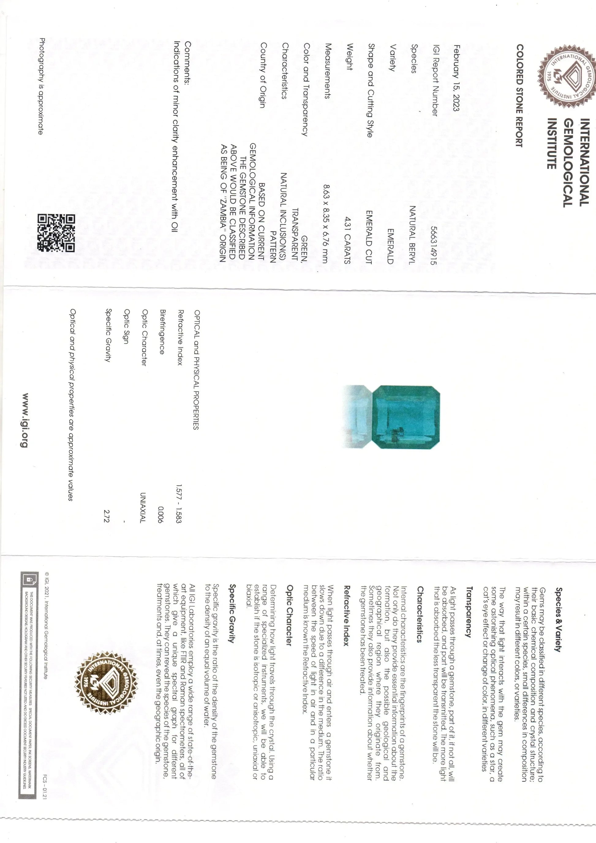 4.31 Ct IGI Certified Untreated Natural Zambian Emerald Gemstone Panna AA - Venus Gems