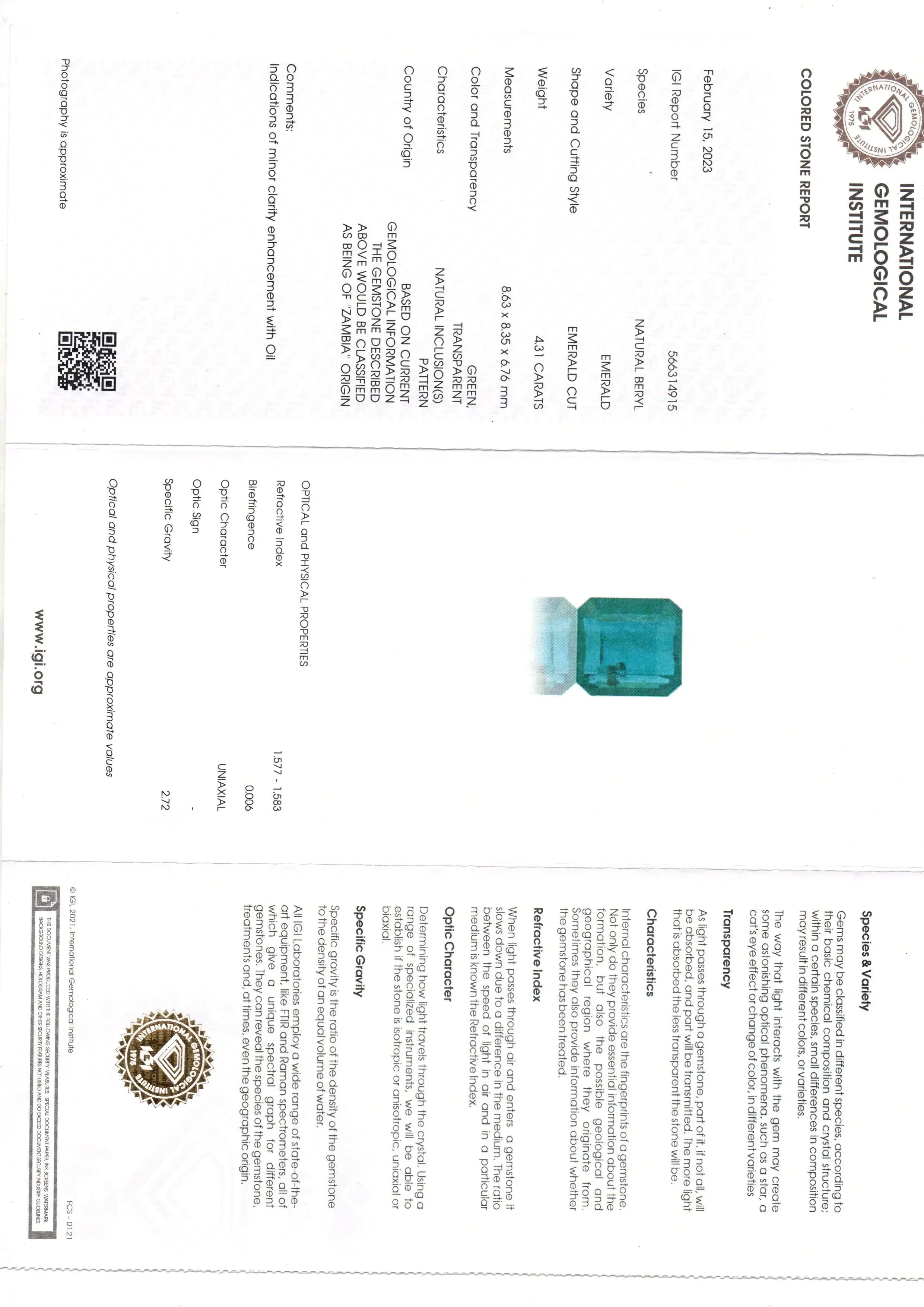 4.31 Ct IGI Certified Untreated Natural Zambian Emerald Gemstone Panna AA - Venus Gems