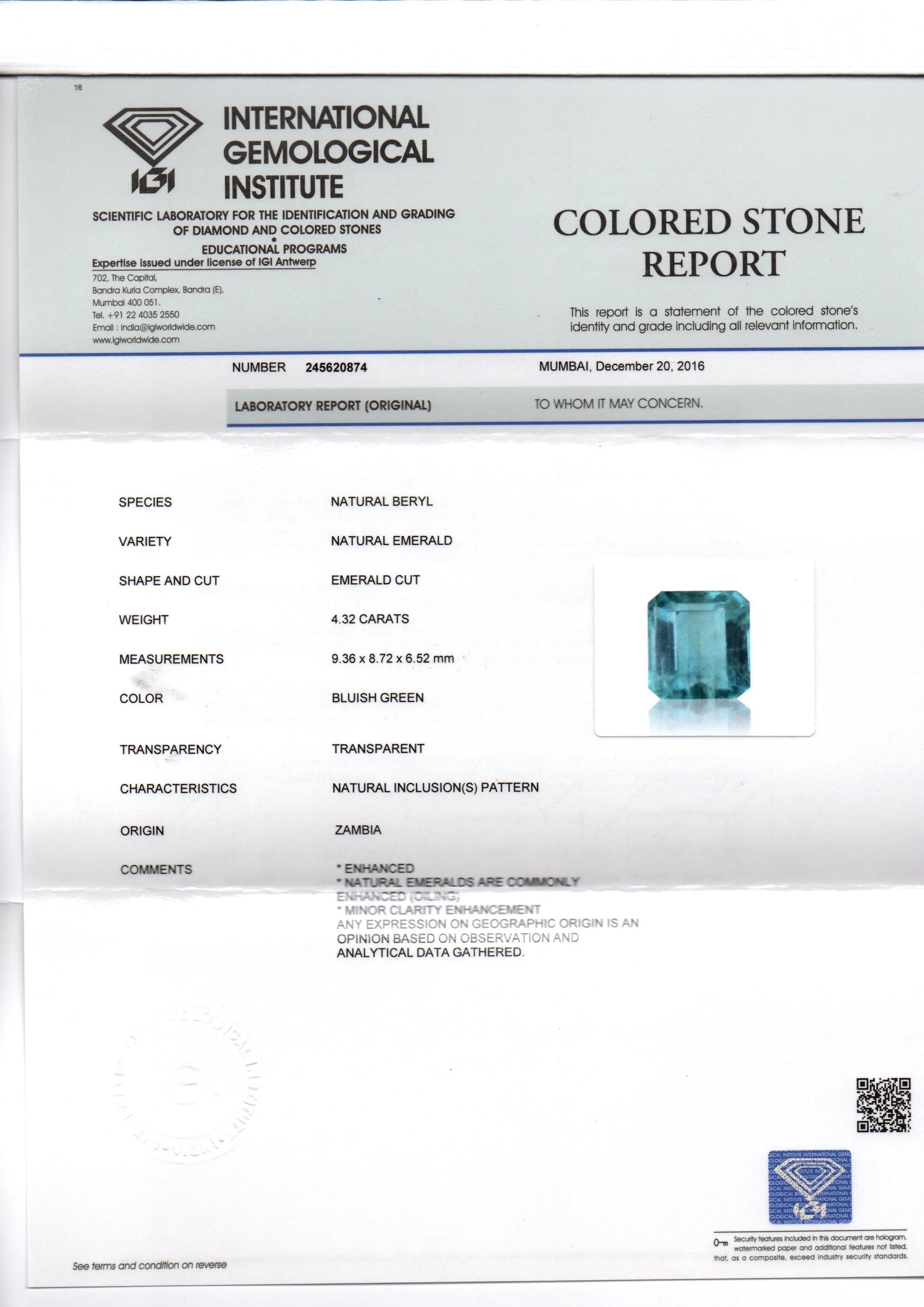 4.32 Ct Untreated Natural Zambian Emerald Gemstone Panna AAAAA