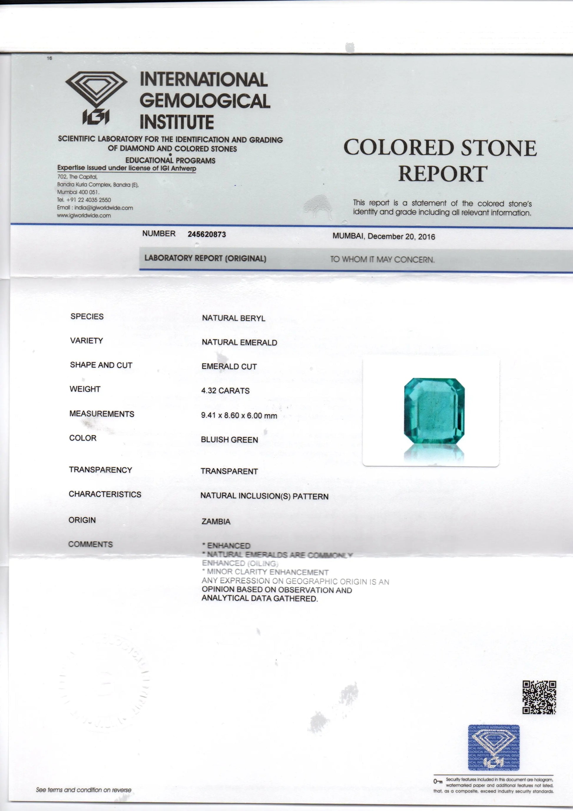 4.32 Ct Untreated Natural Premium Zambian Emerald Gemstone AAAAA