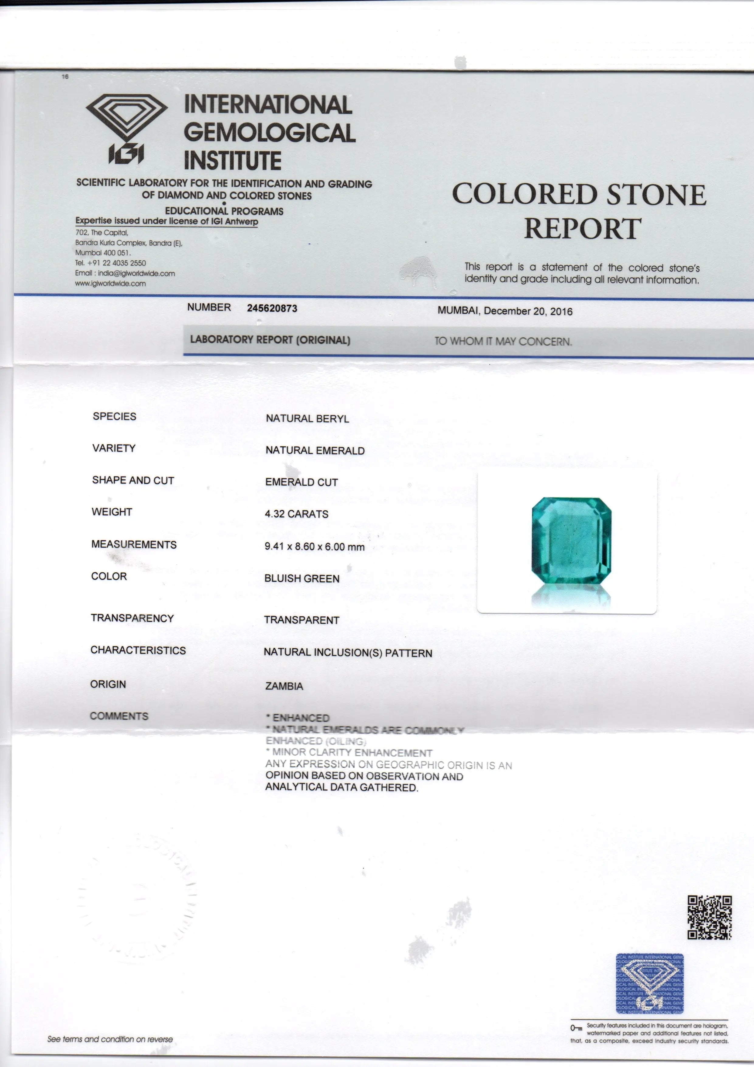 4.32 Ct Untreated Natural Premium Zambian Emerald Gemstone AAAAA