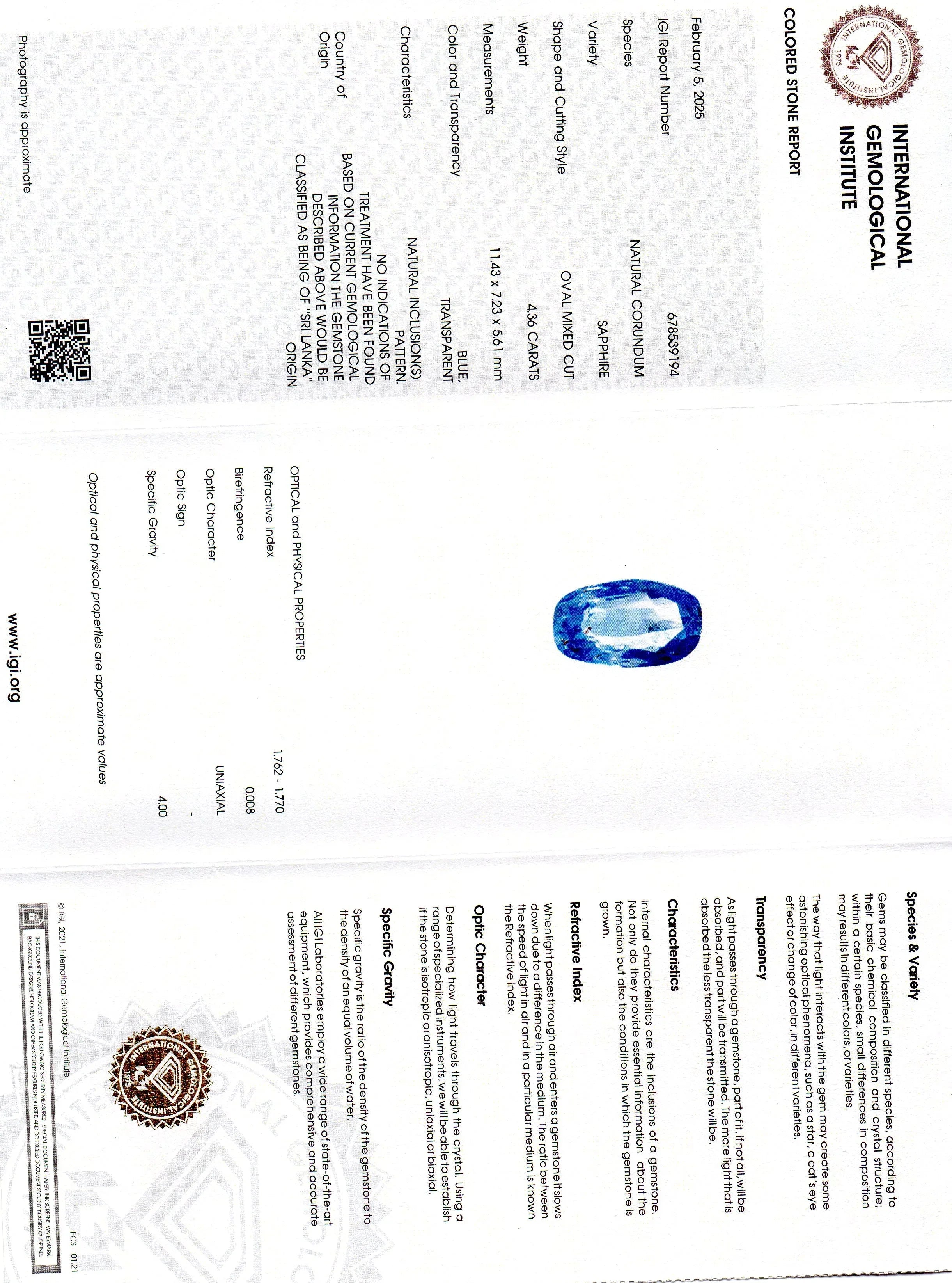 4.36 Ct IGI Certified Unheated Untreated Natural Ceylon Blue Sapphire - Venus Gems