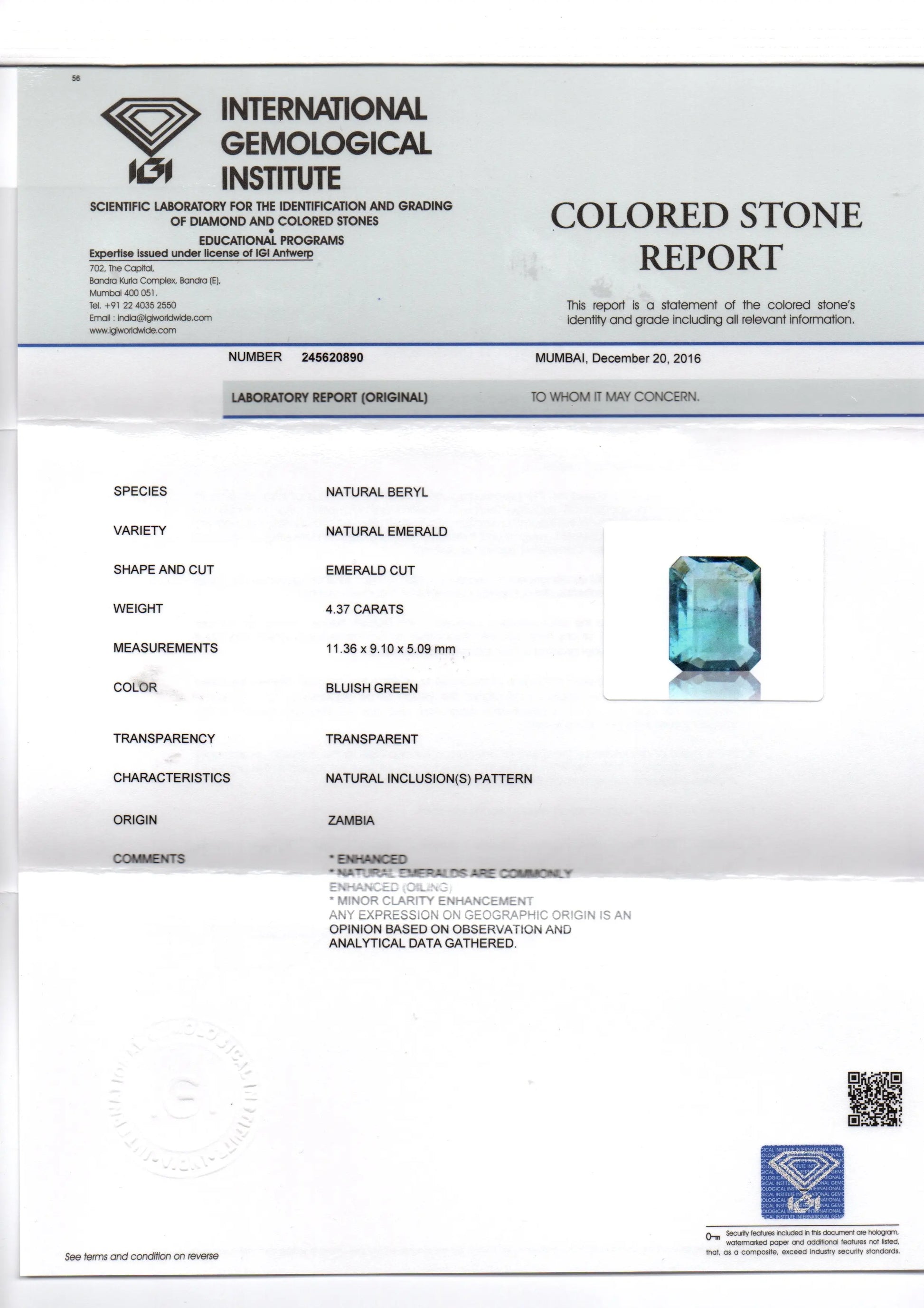 4.37 Ct Untreated Natural Zambian Emerald Gemstone Panna AAAAA