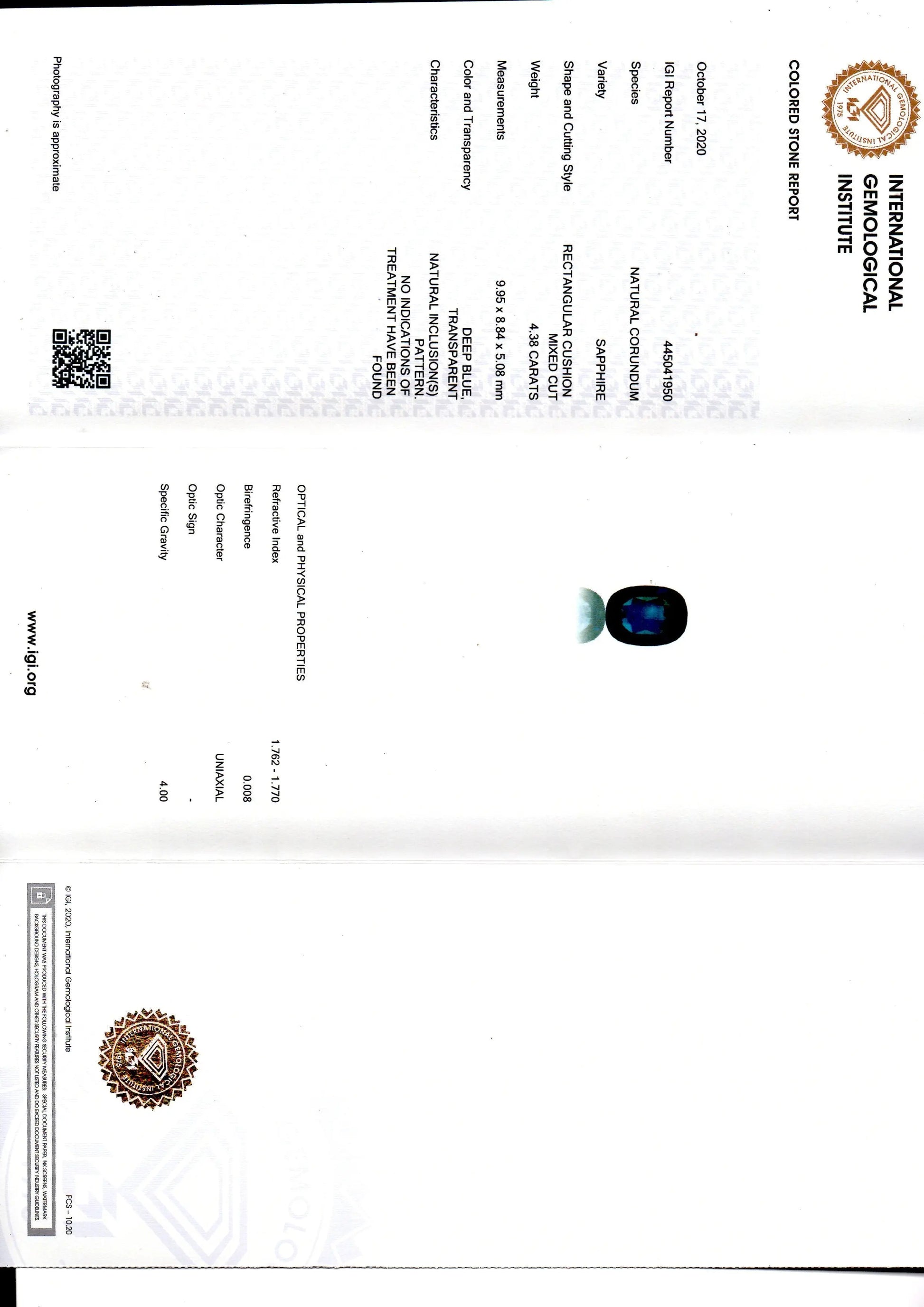 4.38 Ct IGI Certified Unheated Untreated Natural Ceylon Blue Sapphire