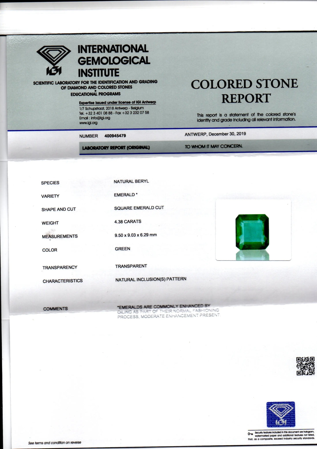 4.38 Ct IGI Certified Untreated Natural Zambian Emerald Gems AAAAA