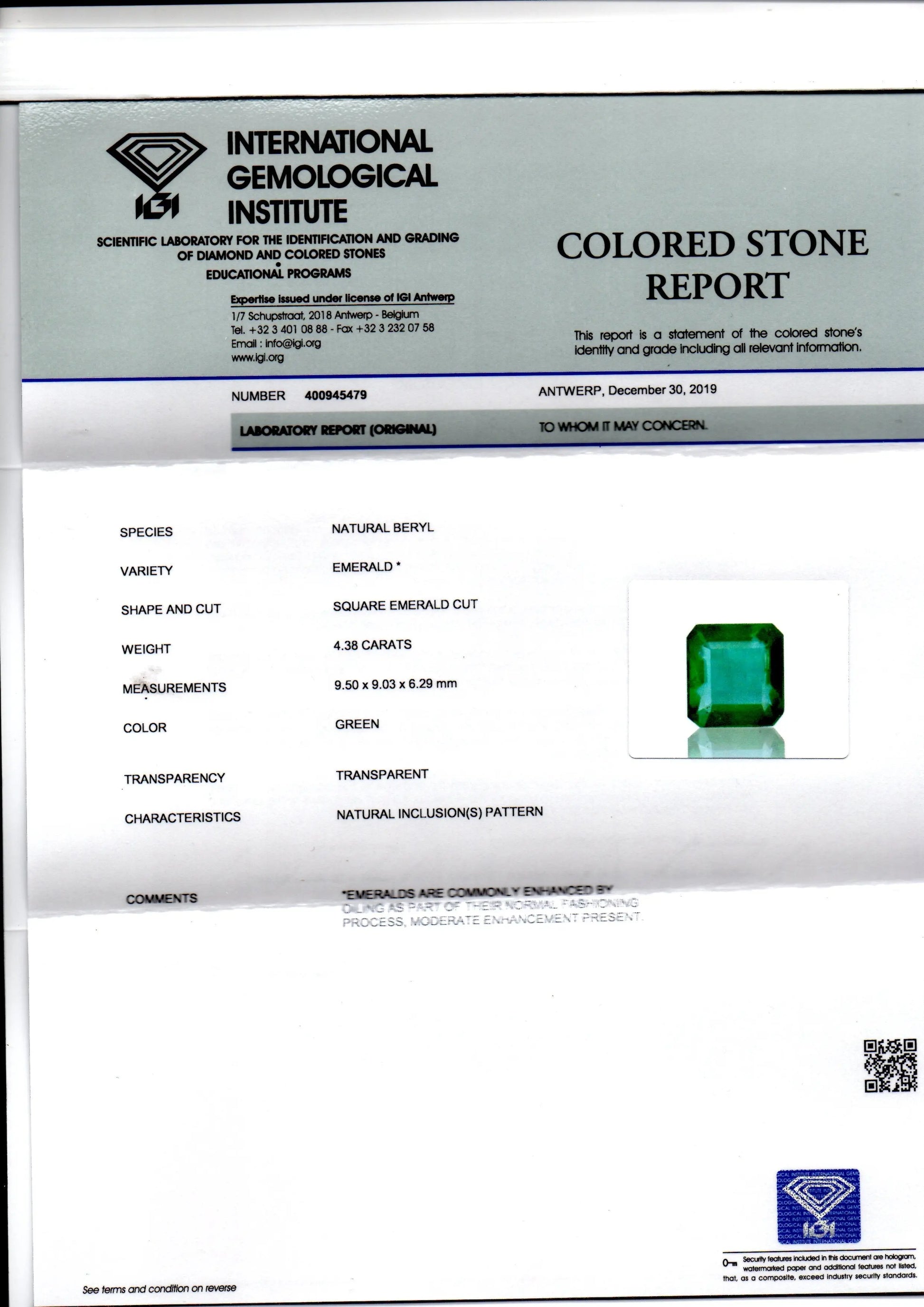4.38 Ct IGI Certified Untreated Natural Zambian Emerald Gems AAAAA