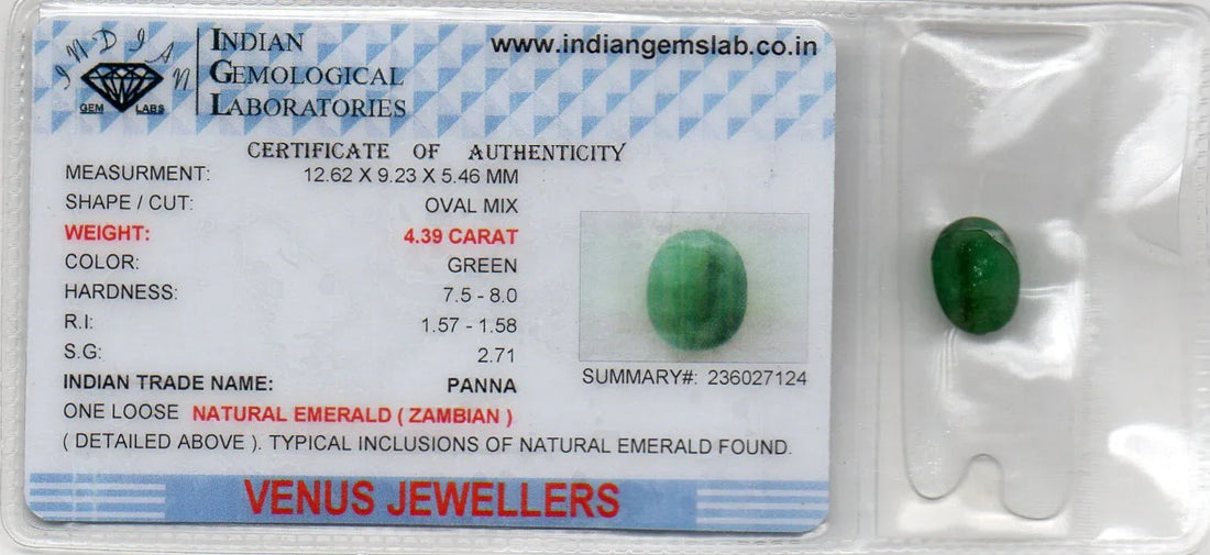 4.39 Ct Certified Untreated Natural Zambian Emerald Panna Gemstone - Venus Gems