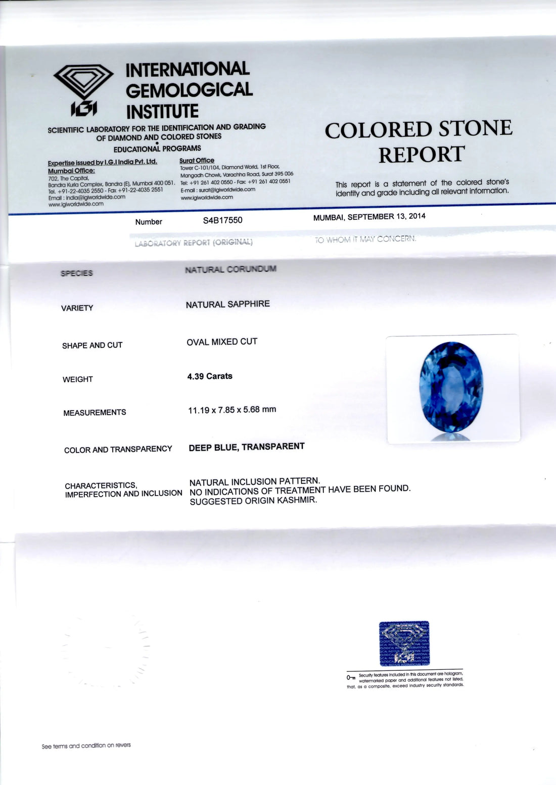 4.39 Ct Unheated Jammu/Kashmir Origin Blue Sapphire *IGI Certified*