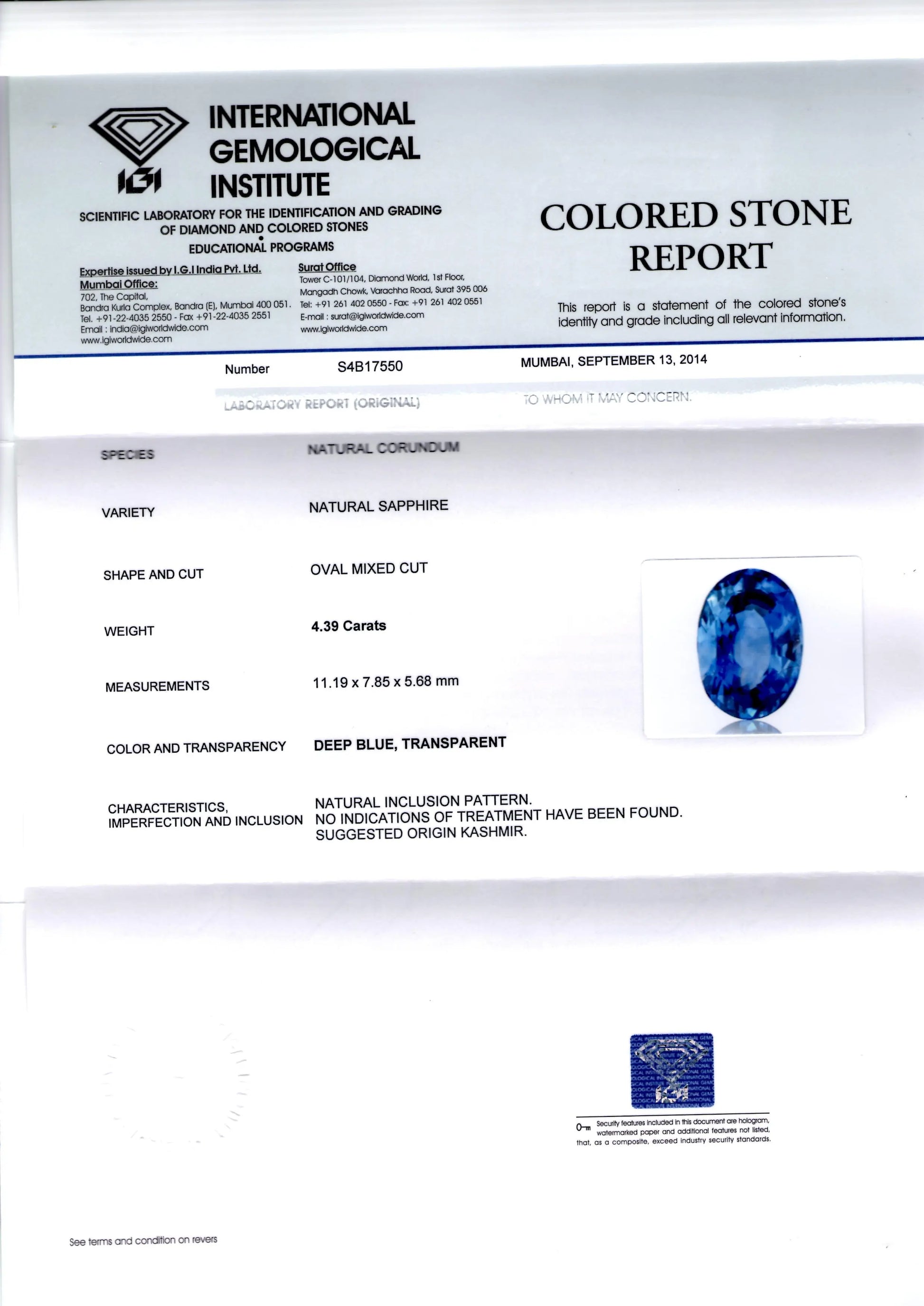 4.39 Ct Unheated Jammu/Kashmir Origin Blue Sapphire *IGI Certified*