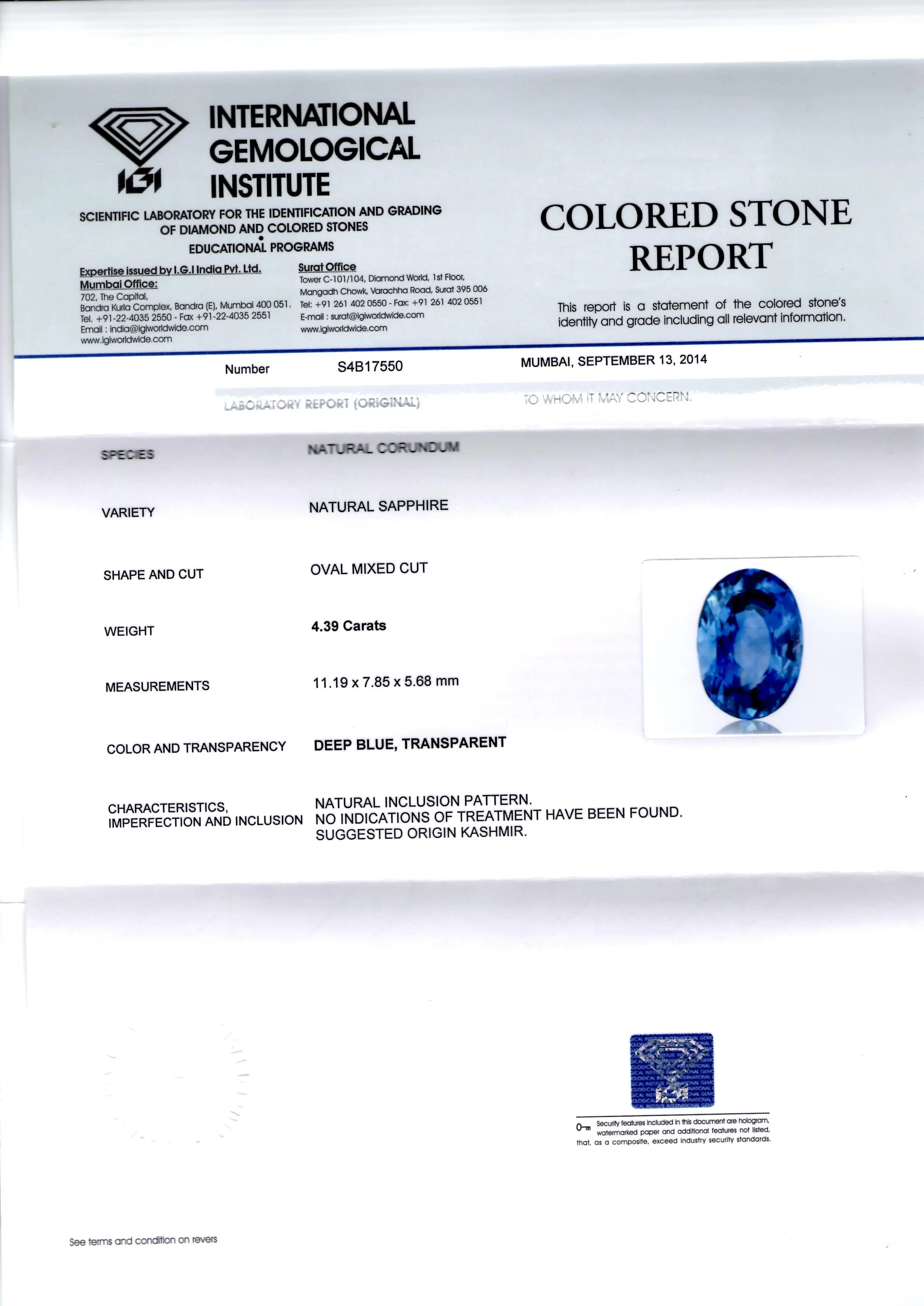 4.39 Ct Unheated Jammu/Kashmir Origin Blue Sapphire *IGI Certified*