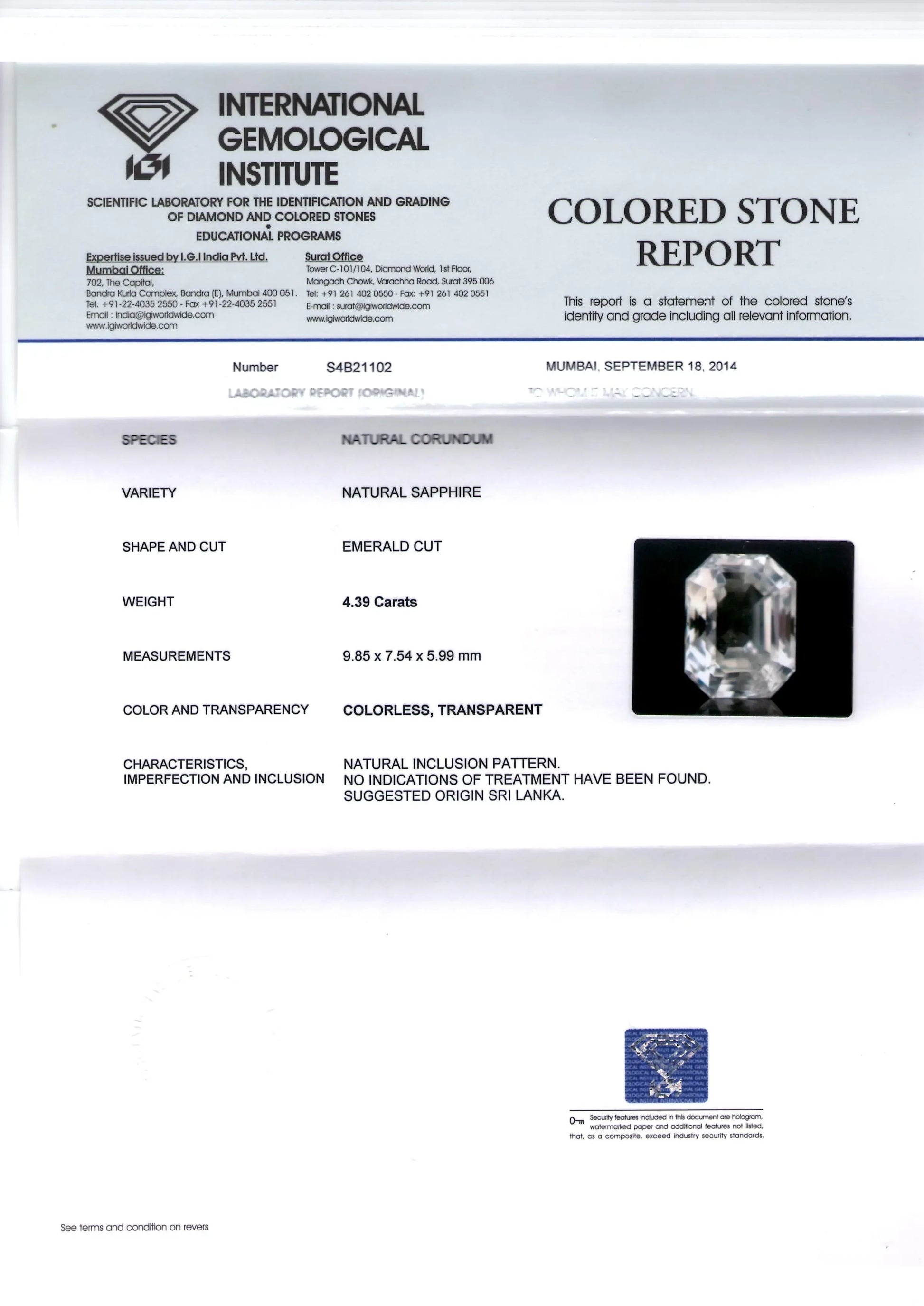 4.39 Ct IGI Certified Unheated Untreated Natural Premium White Sapphire - Venus Gems