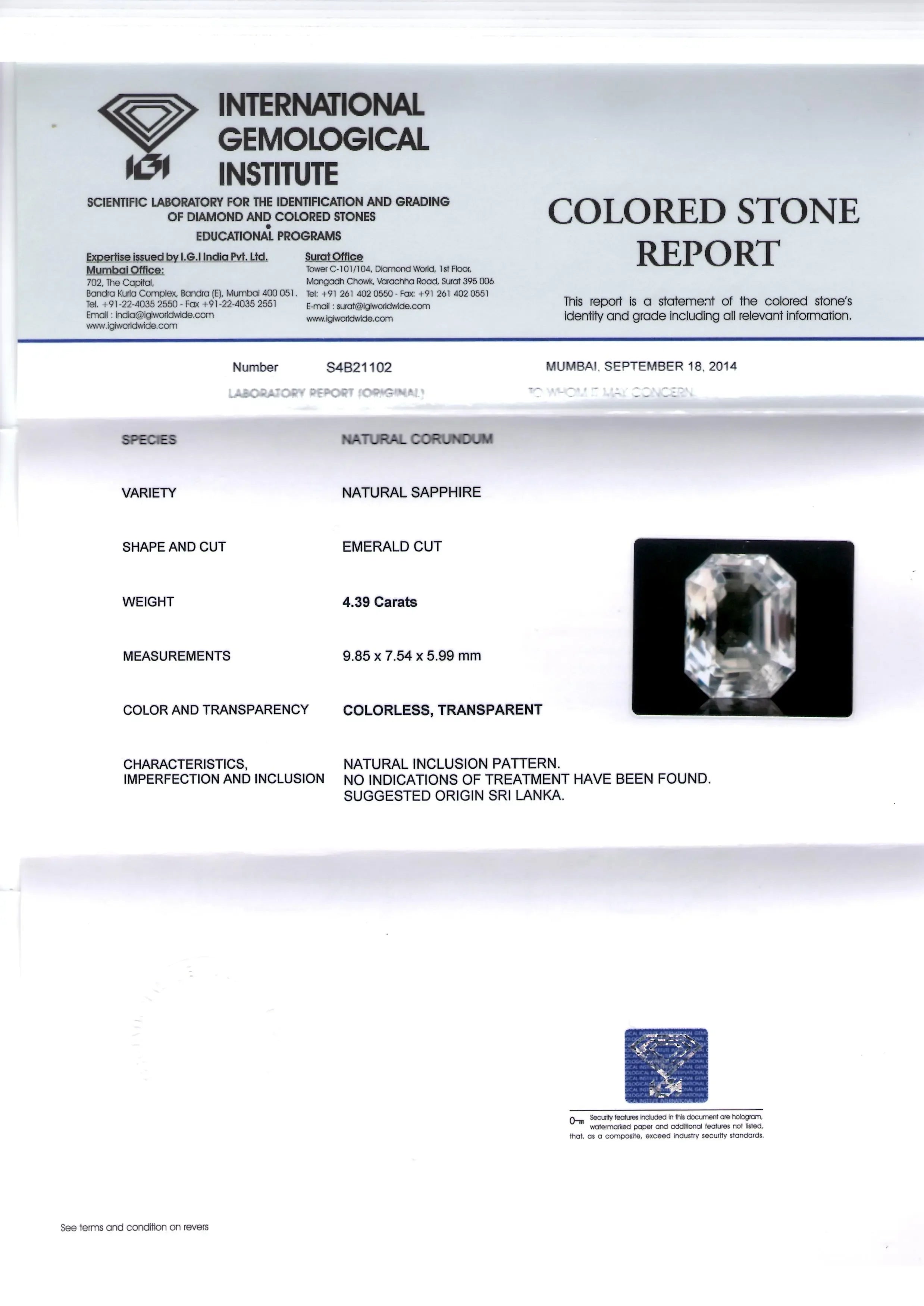 4.39 Ct IGI Certified Unheated Untreated Natural Premium White Sapphire - Venus Gems