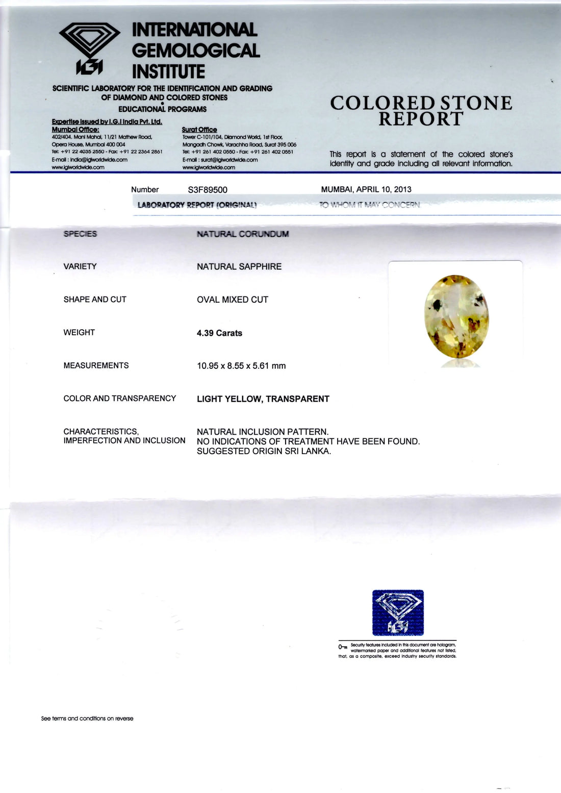 4.39 Ct IGI Certified Unheated Natural Ceylon Yellow Sapphire AA