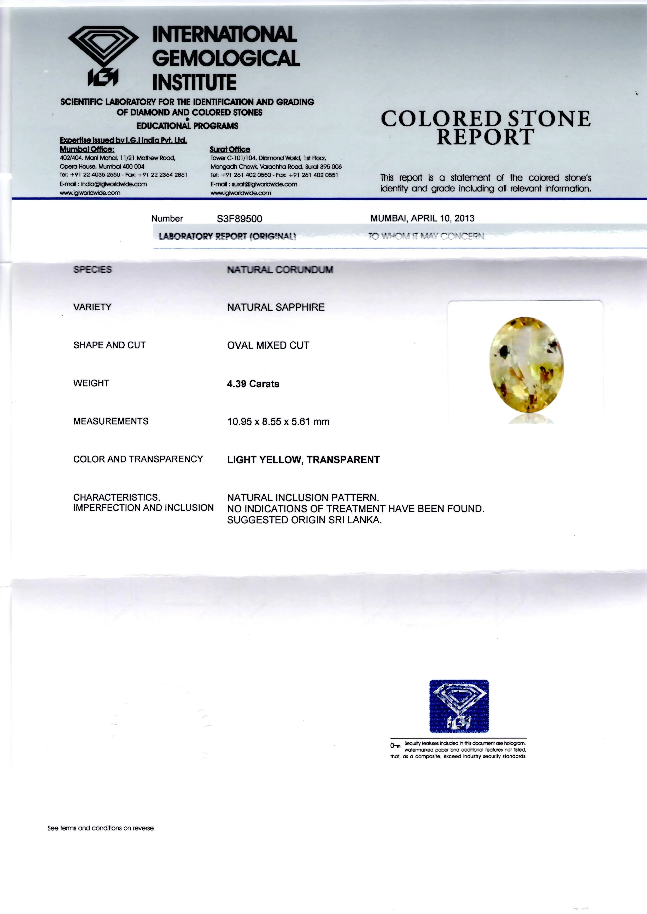 4.39 Ct IGI Certified Unheated Natural Ceylon Yellow Sapphire AA