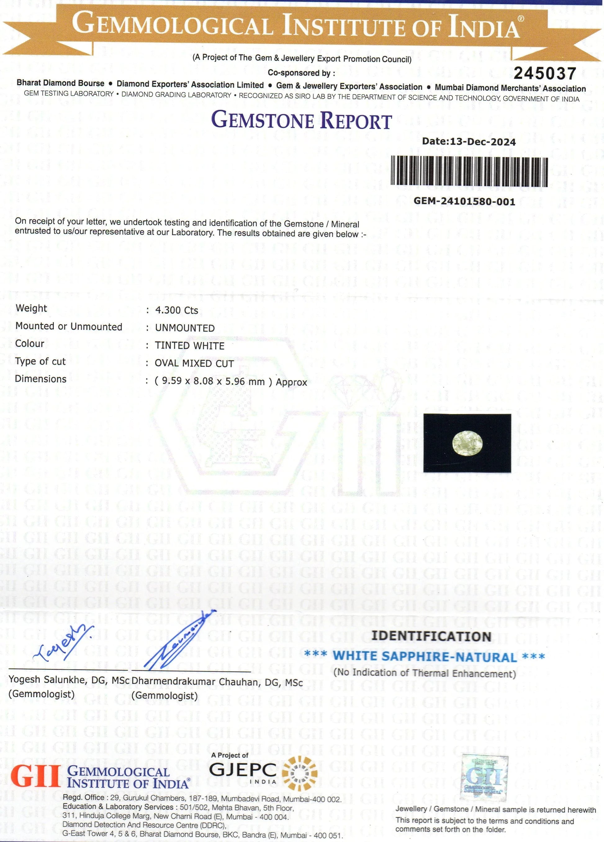 4.30 Ct GII Certified Unheated Untreated Natural Ceylon White Sapphire AA - Venus Gems
