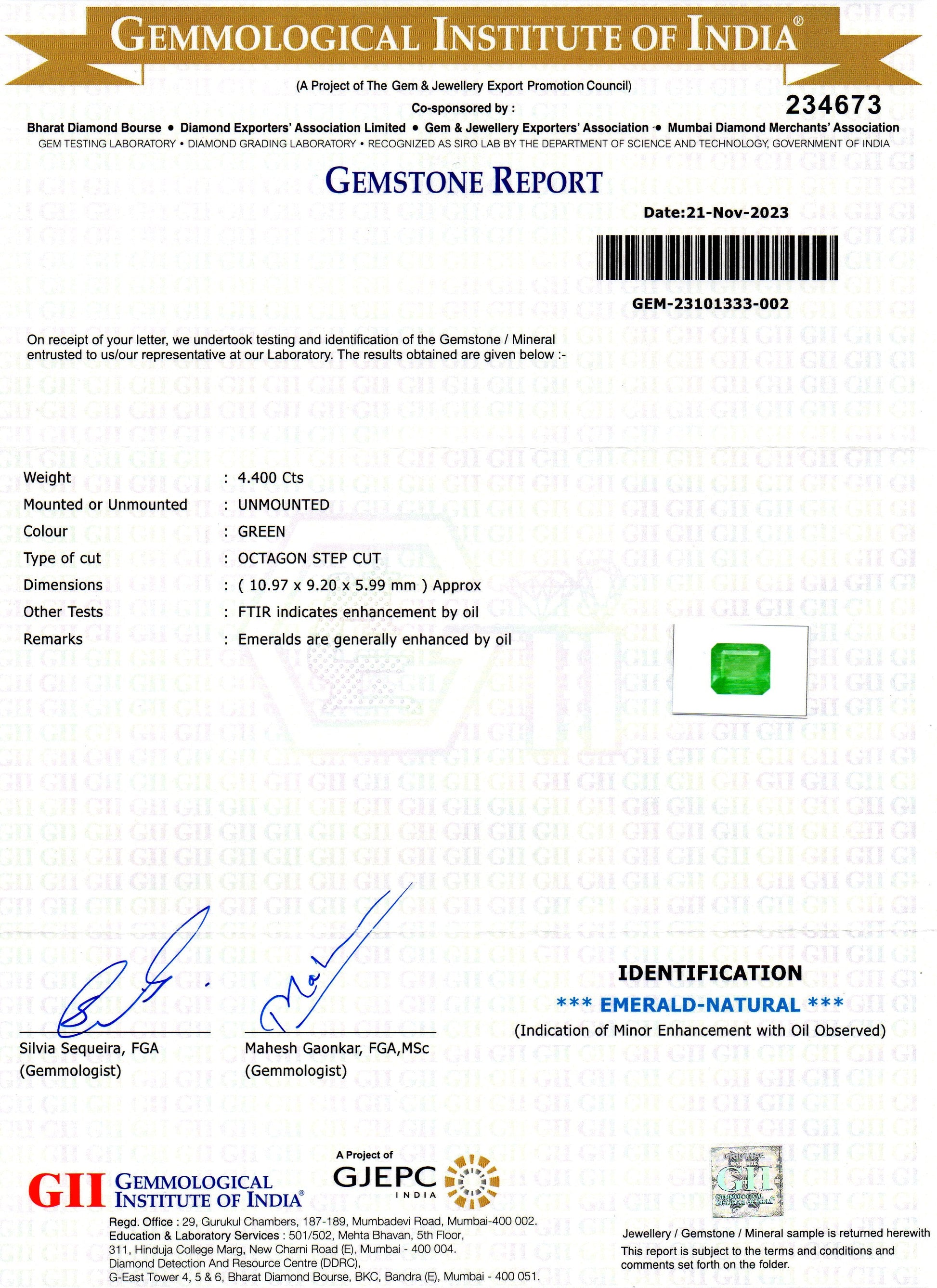 4.40 Ct GII Certified Untreated Natural Colombian Emerald Panna Gems AA