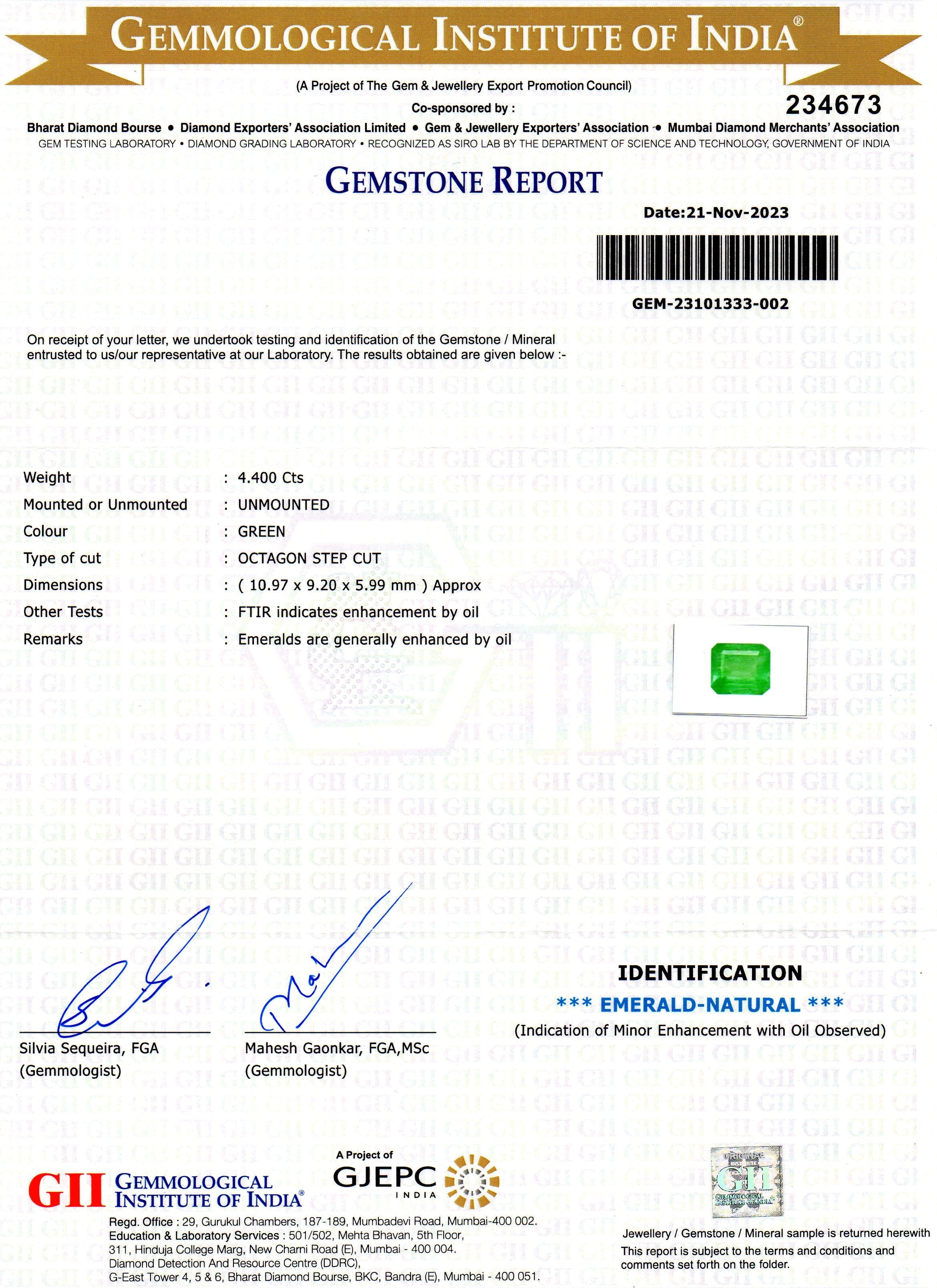 4.40 Ct GII Certified Untreated Natural Colombian Emerald Panna Gems AA