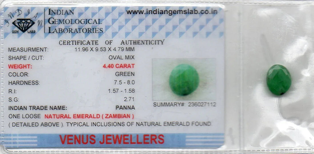 4.40 Ct Certified Untreated Natural Zambian Emerald Panna Gemstone - Venus Gems