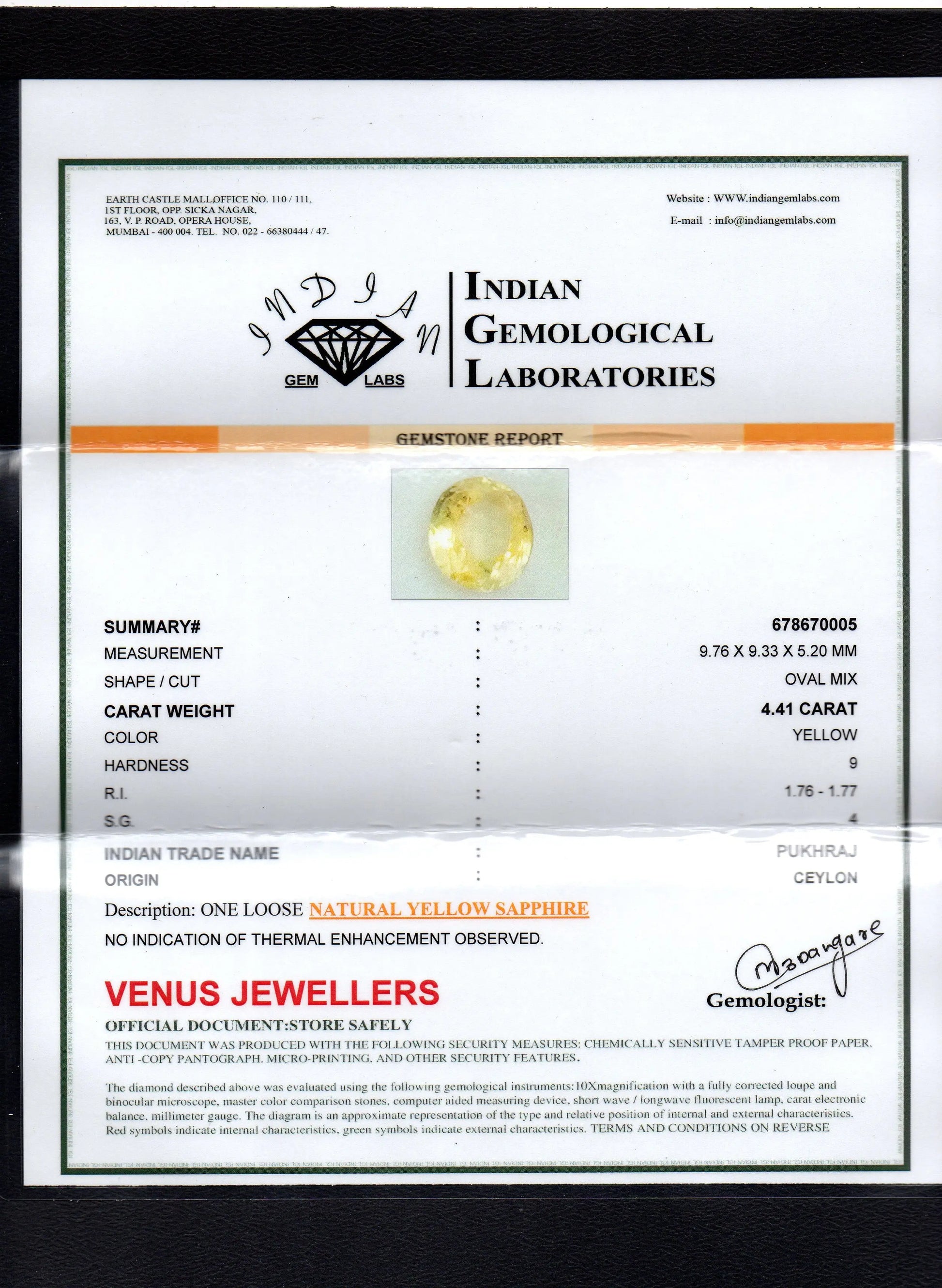 4.41 Ct Untreated Natural Ceylon Yellow Sapphire Gemstones AA