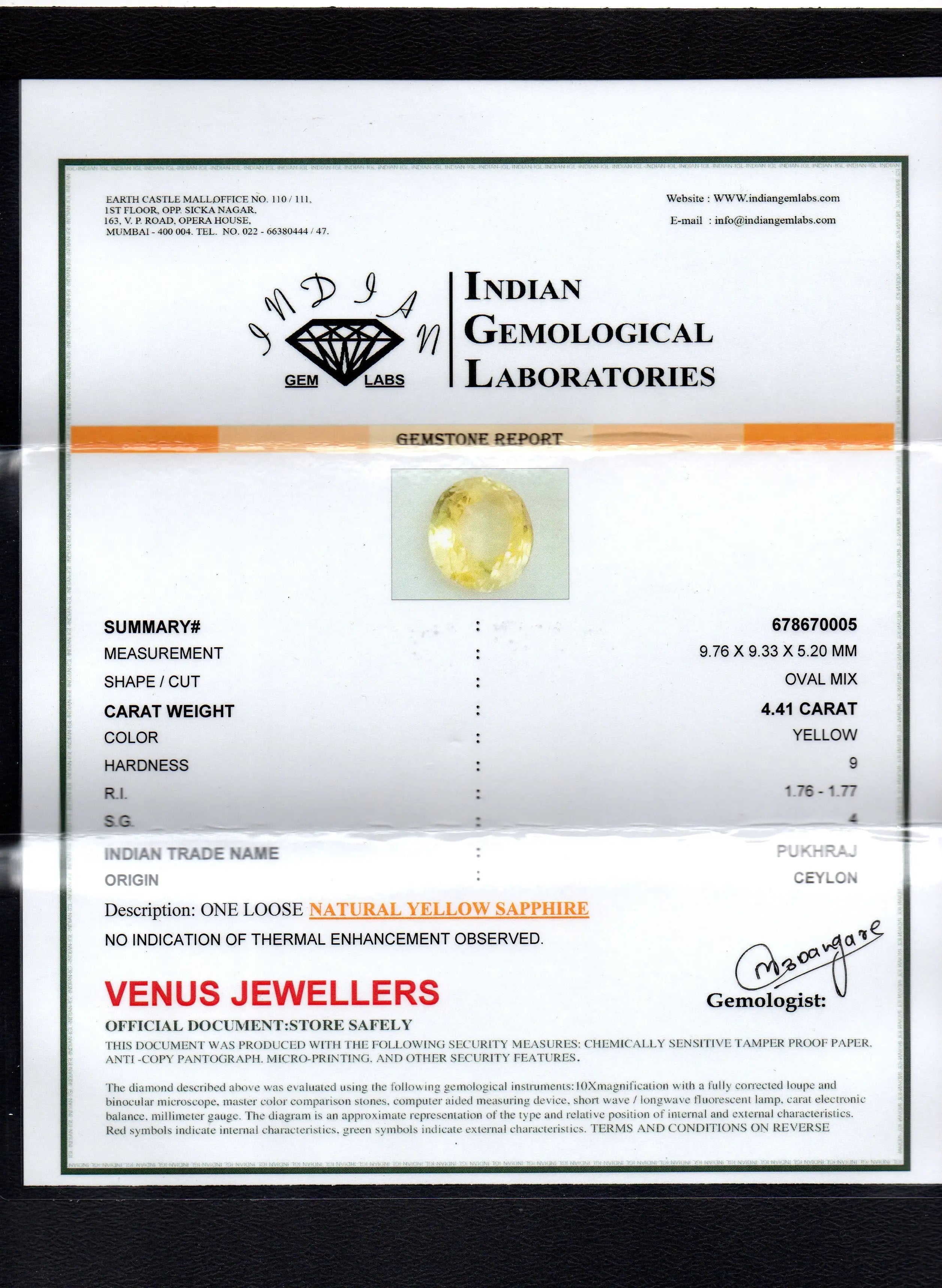 4.41 Ct Untreated Natural Ceylon Yellow Sapphire Gemstones AA