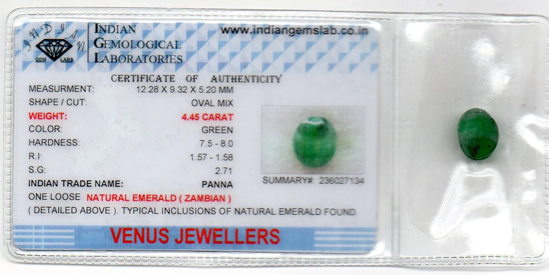 4.45 Ct Certified Untreated Natural Zambian Emerald Panna Gemstone - Venus Gems
