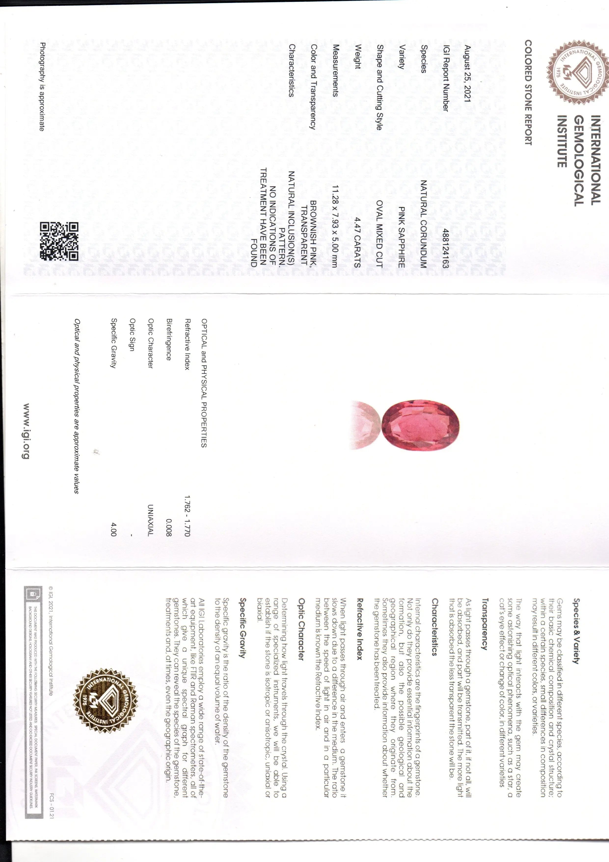 4.47 Ct IGI Certified Unheated Untreted Natural Madagaskar Pink Sapphire/Ruby