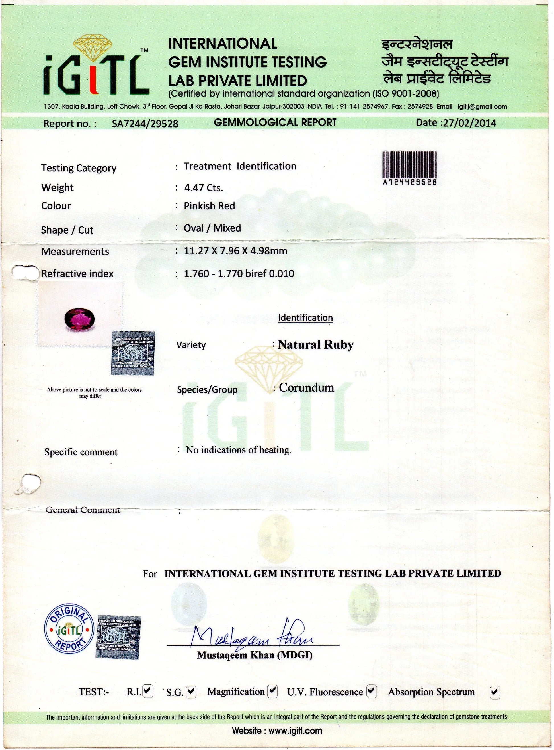 4.47 Ct IGI Certified Unheated Untreted Natural Madagaskar Pink Sapphire/Ruby