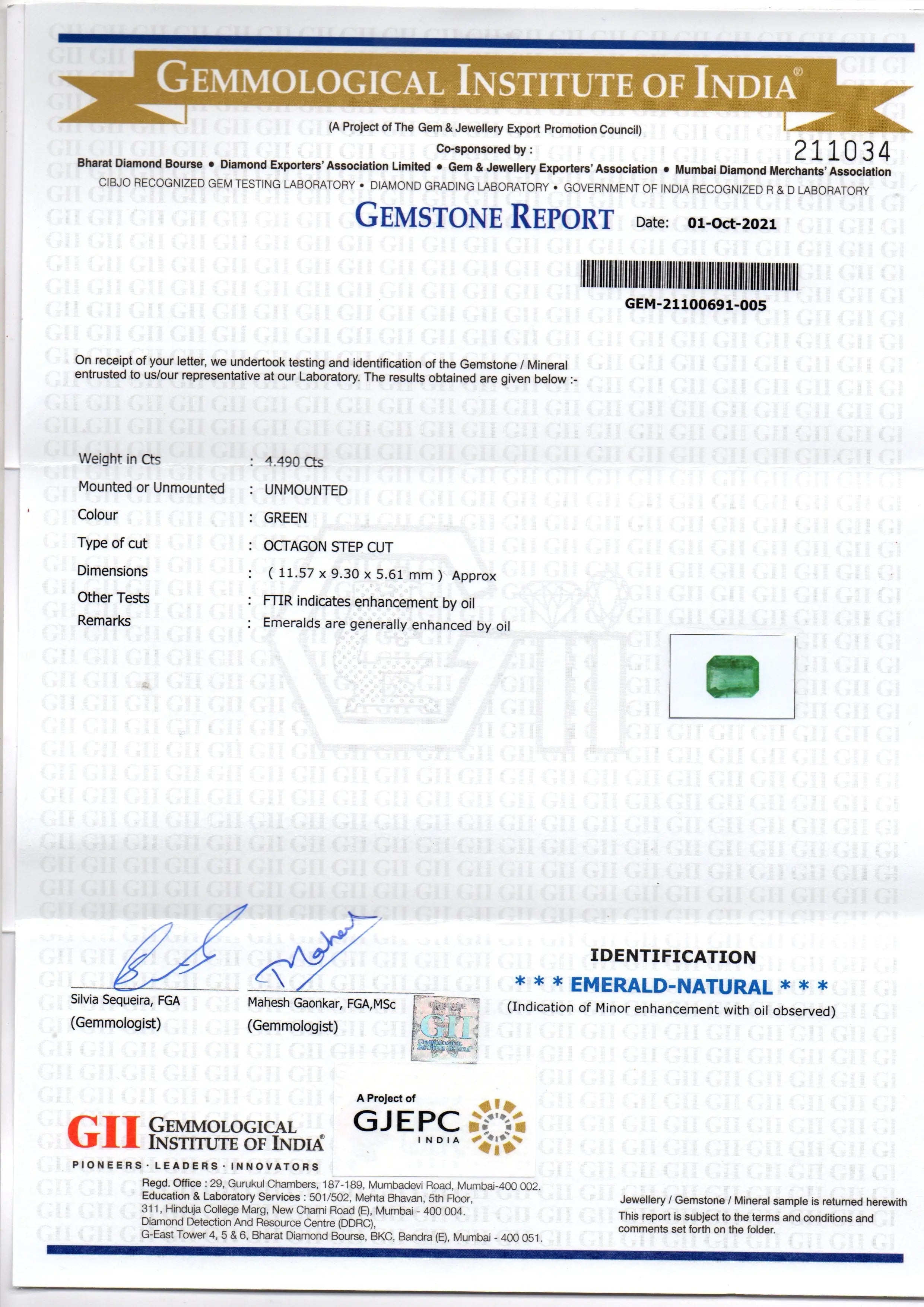 4.49 Ct GII Certified Untreated Natural Zambian Emerald Gemstone AAA