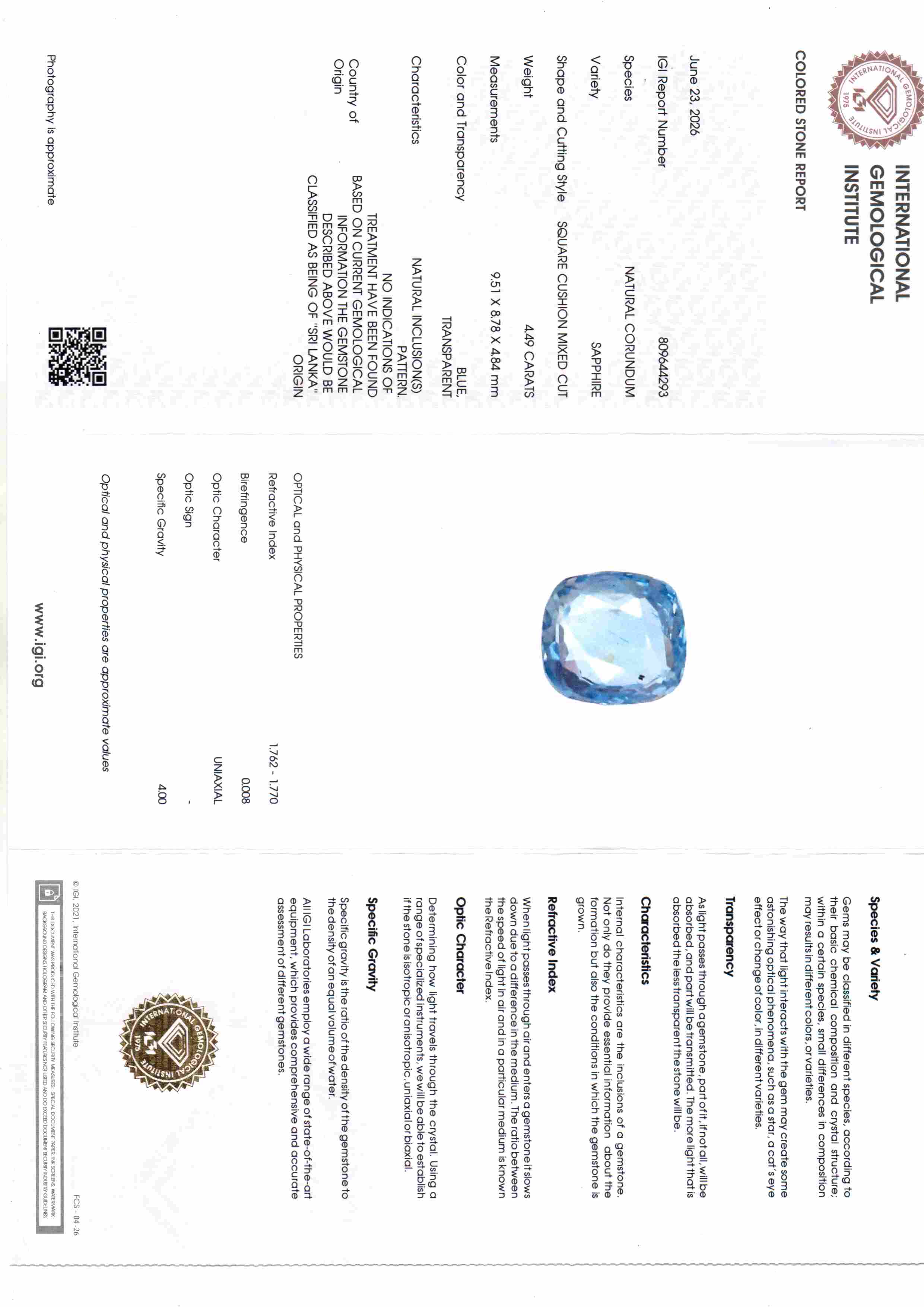 4.49 Carat IGI Certified Unheated Natural Ceylon Blue Sapphire Neelam – 4.93 Ratti
