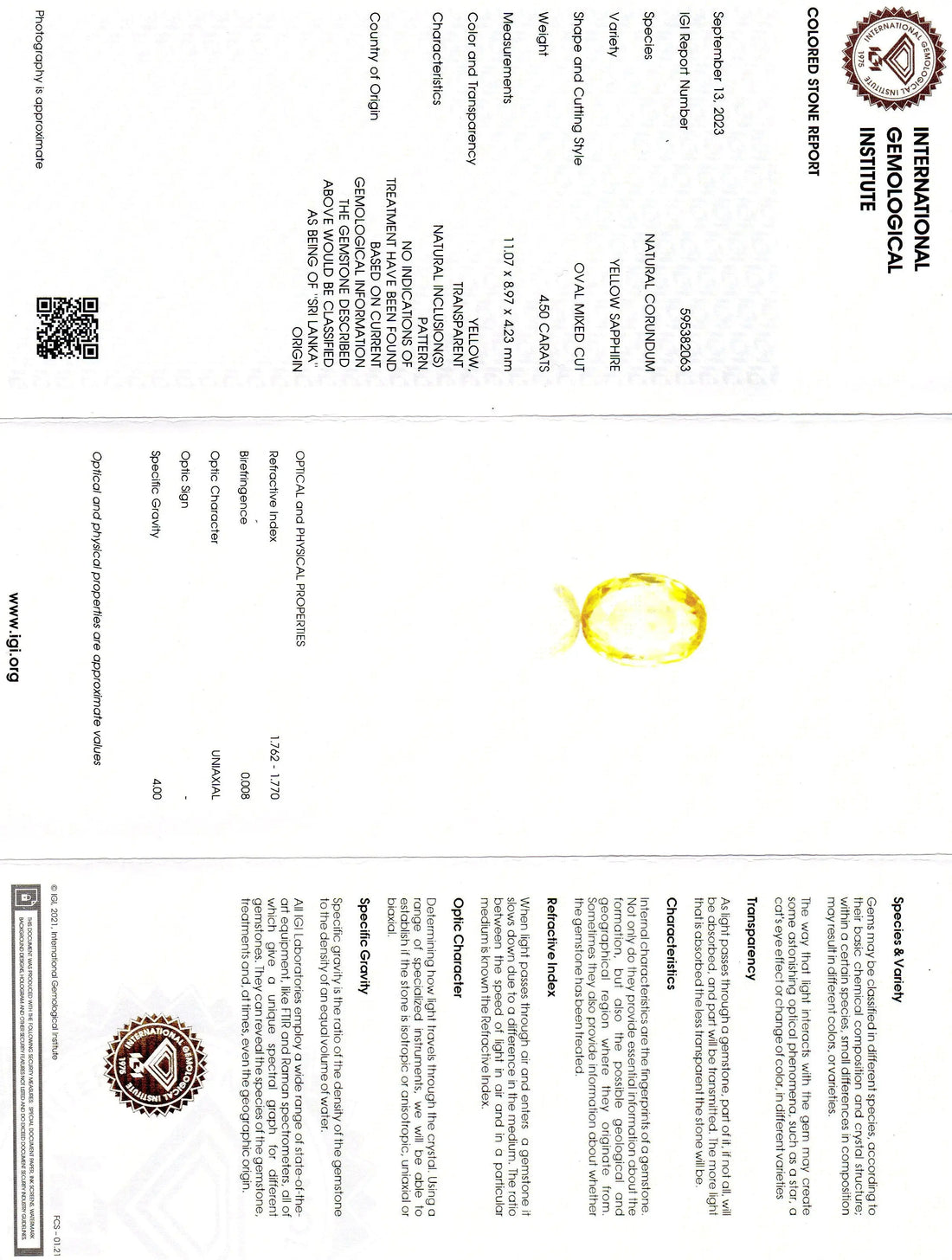 4.50 Ct IGI Certified Unheated Untreated Natural Ceylon Yellow Sapphire