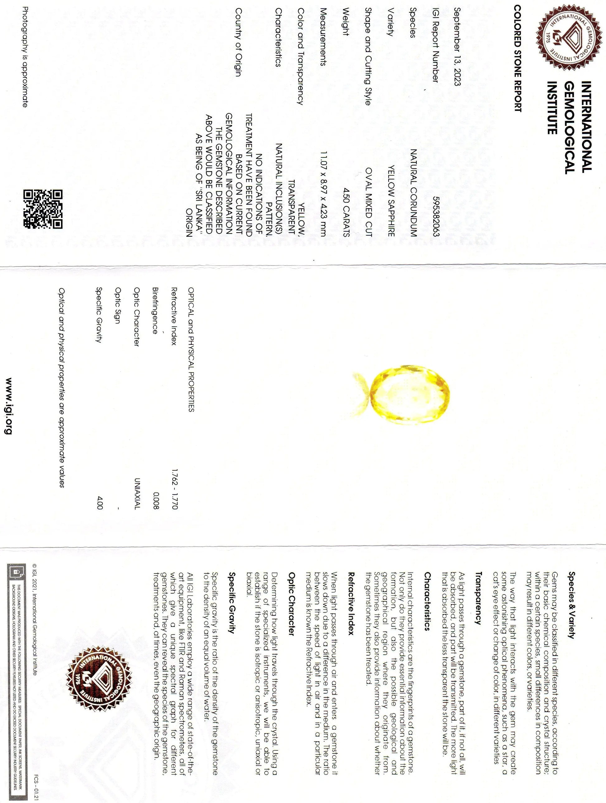 4.50 Ct IGI Certified Unheated Untreated Natural Ceylon Yellow Sapphire