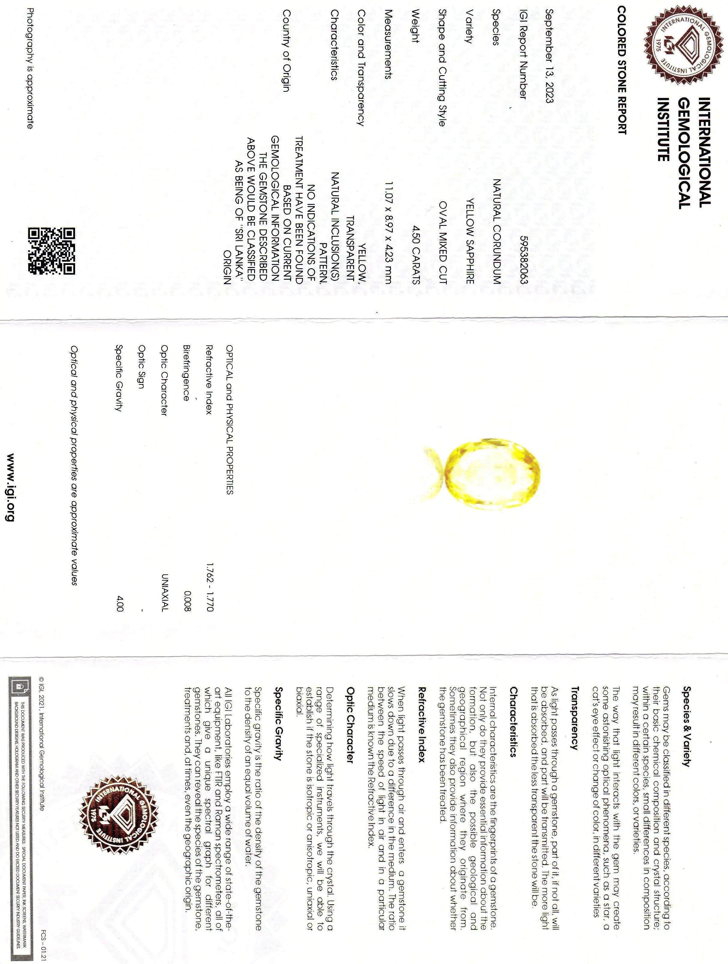4.50 Ct IGI Certified Unheated Untreated Natural Ceylon Yellow Sapphire