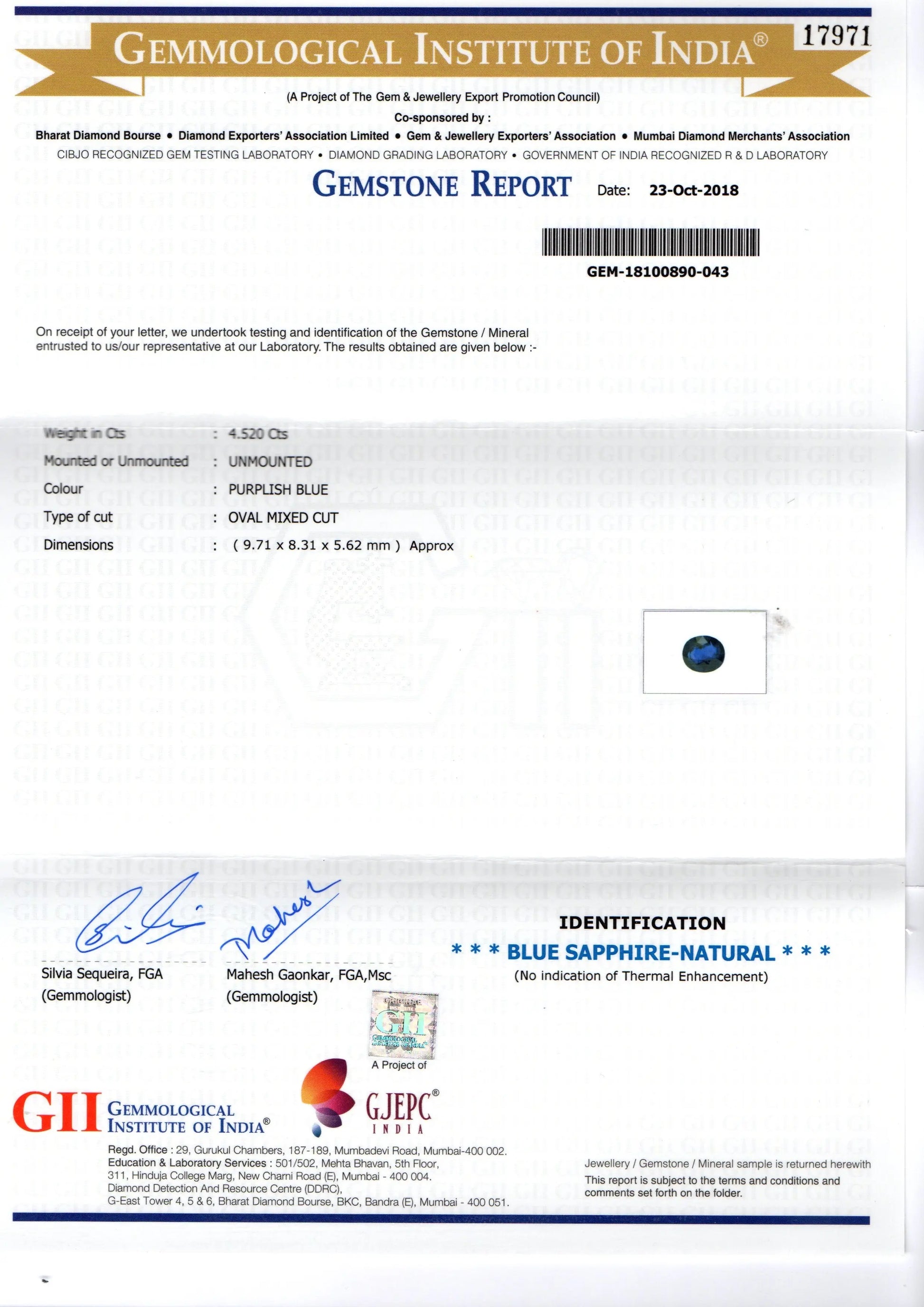 4.52 Ct GII Certified Unheated Untreated Natural Ceylon Blue Sapphire
