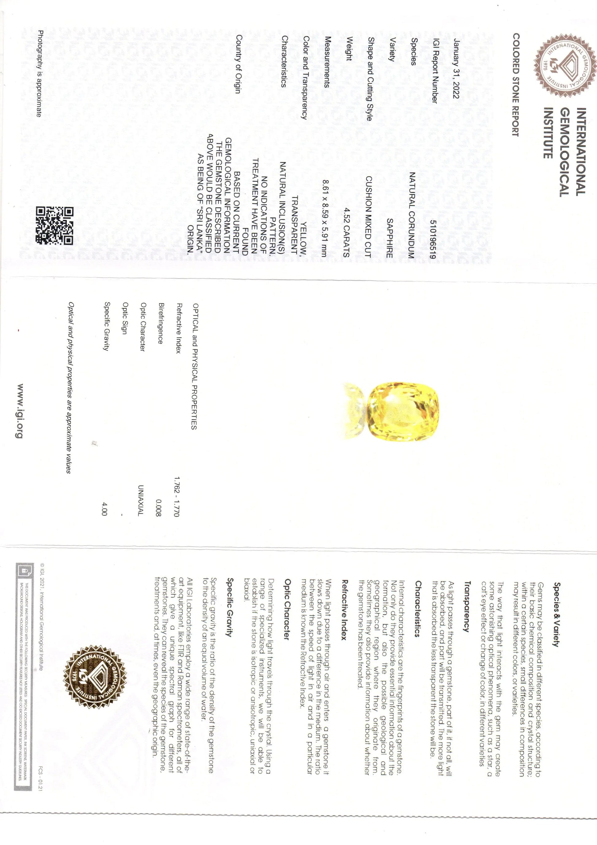 4.52 Ct IGI Certified Unheated Untreated Natural Ceylon Yellow Sapphire AAA